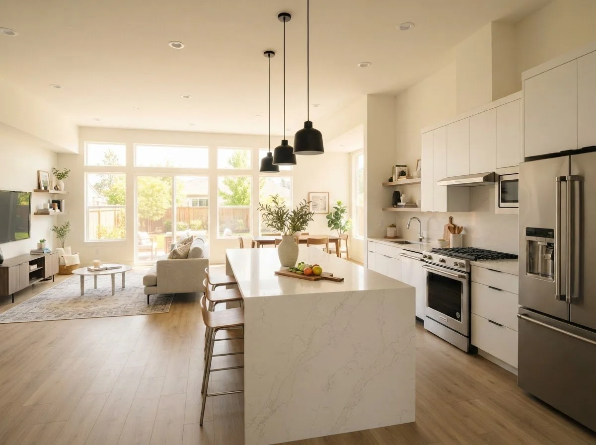 Open-concept kitchen and living area in a new construction home by Broadtail Homes in Charlotte, NC