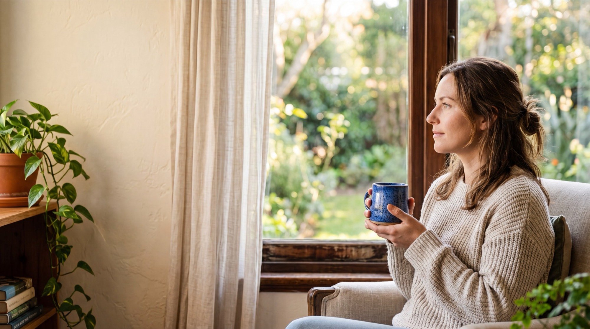 A woman wrapped in a soft sweater sits by a sunlit window with a warm mug, looking out at a green garden