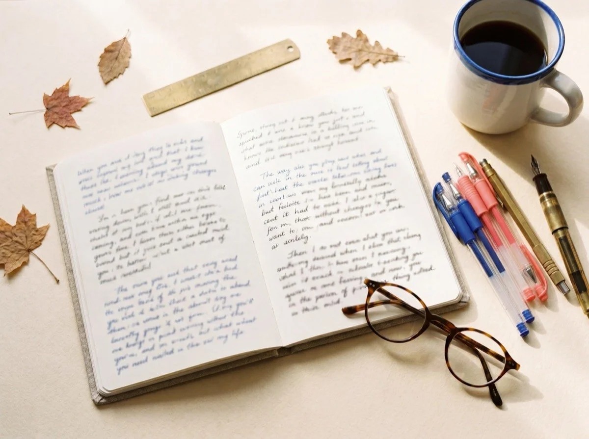 Overhead view of a creative desk with a notebook, colorful pens, glasses and coffee