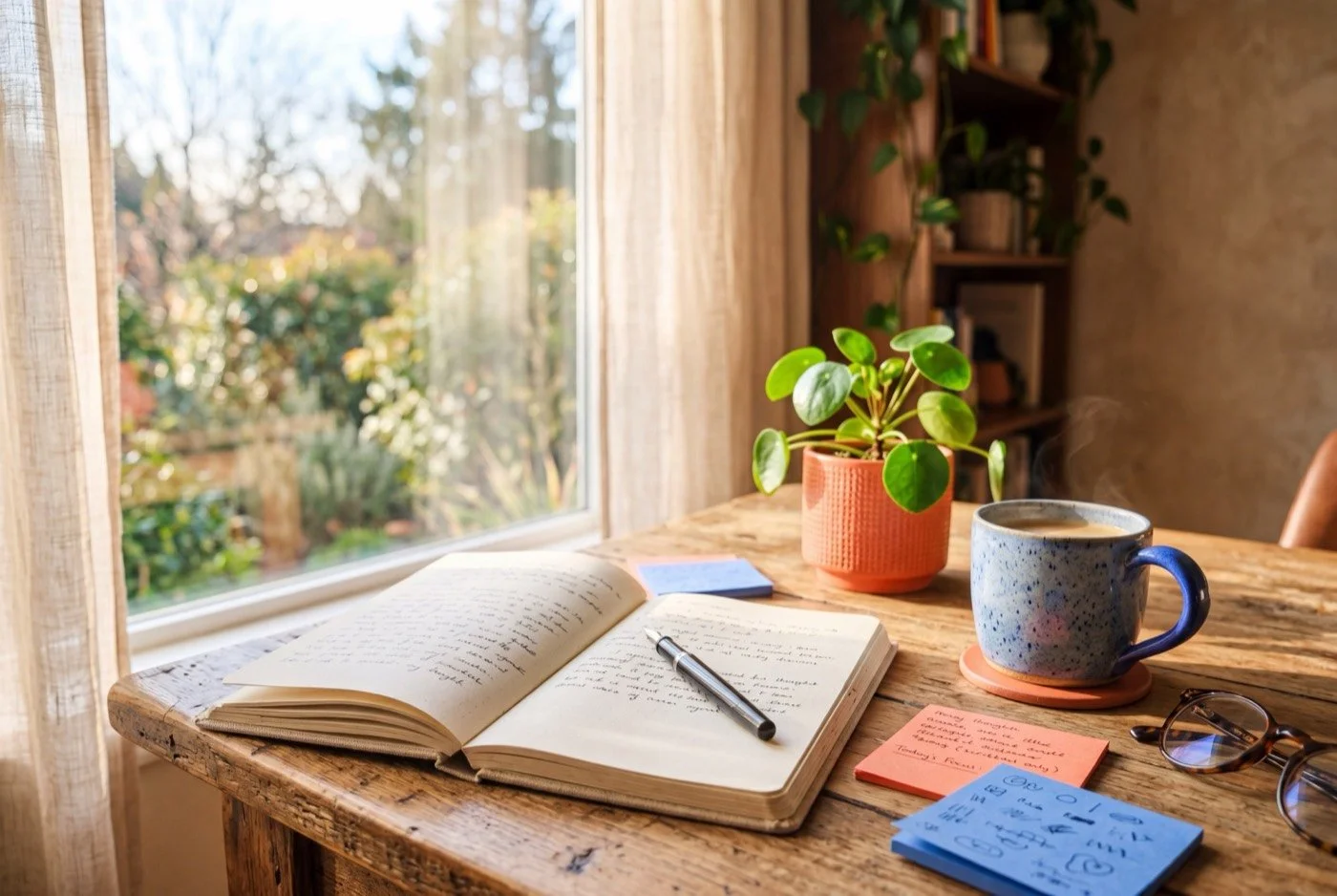 A sunlit creative desk with an open journal, coffee, and a small plant by a window