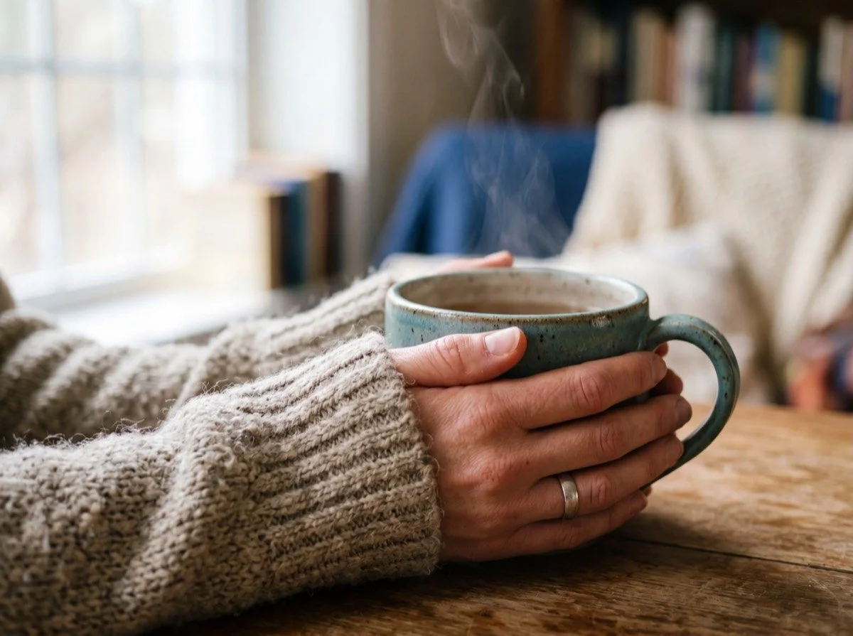 Hands gently cradling a warm ceramic mug in soft natural light