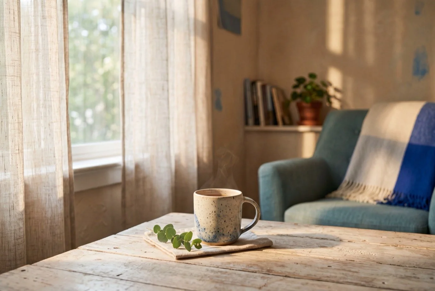 Soft morning light filling a calm, lived-in room with a warm ceramic mug on a wooden table