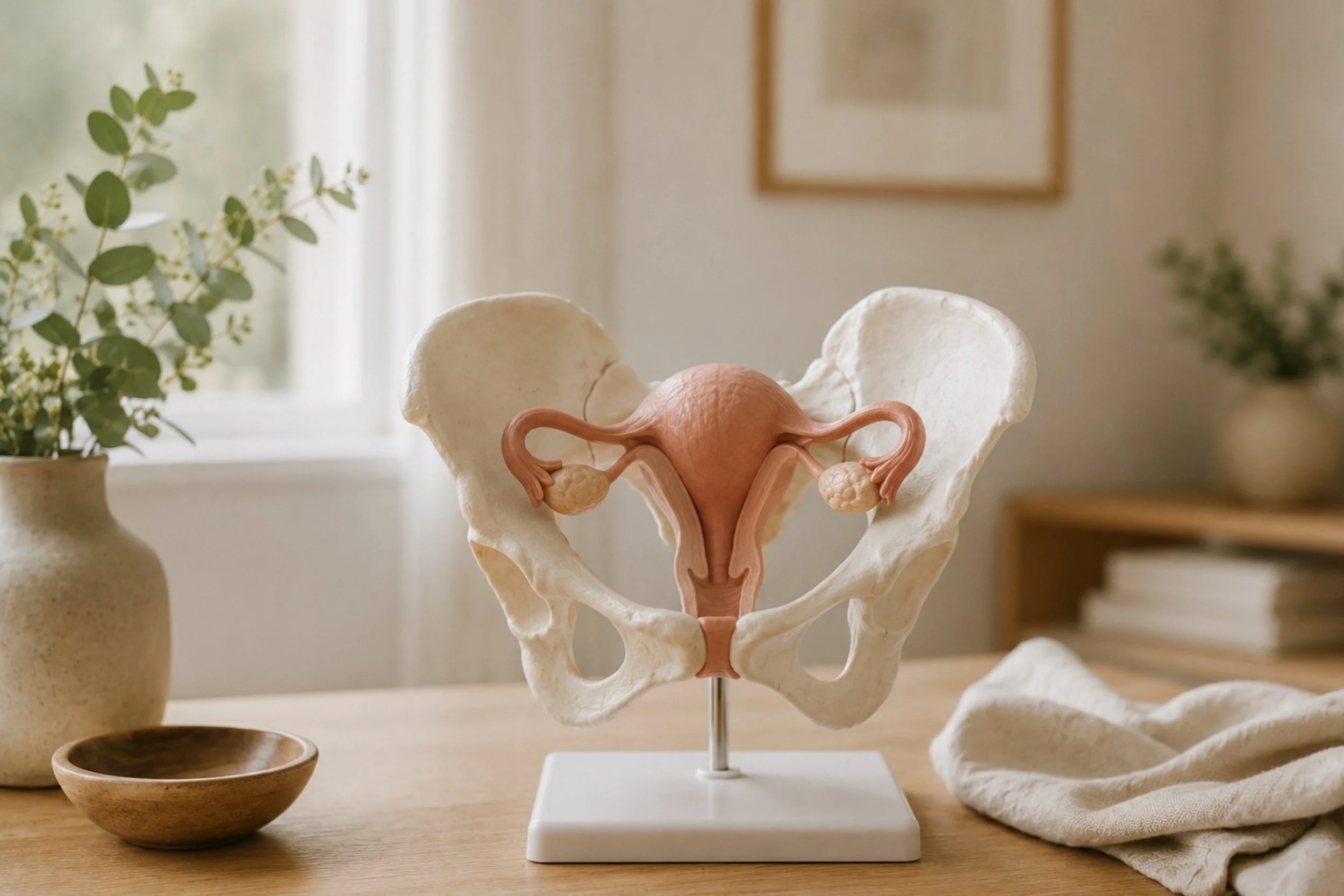 Anatomiemodell von weiblichem Becken, Gebärmutter und Eierstöcken in einer osteopathischen Praxis in Darmstadt.