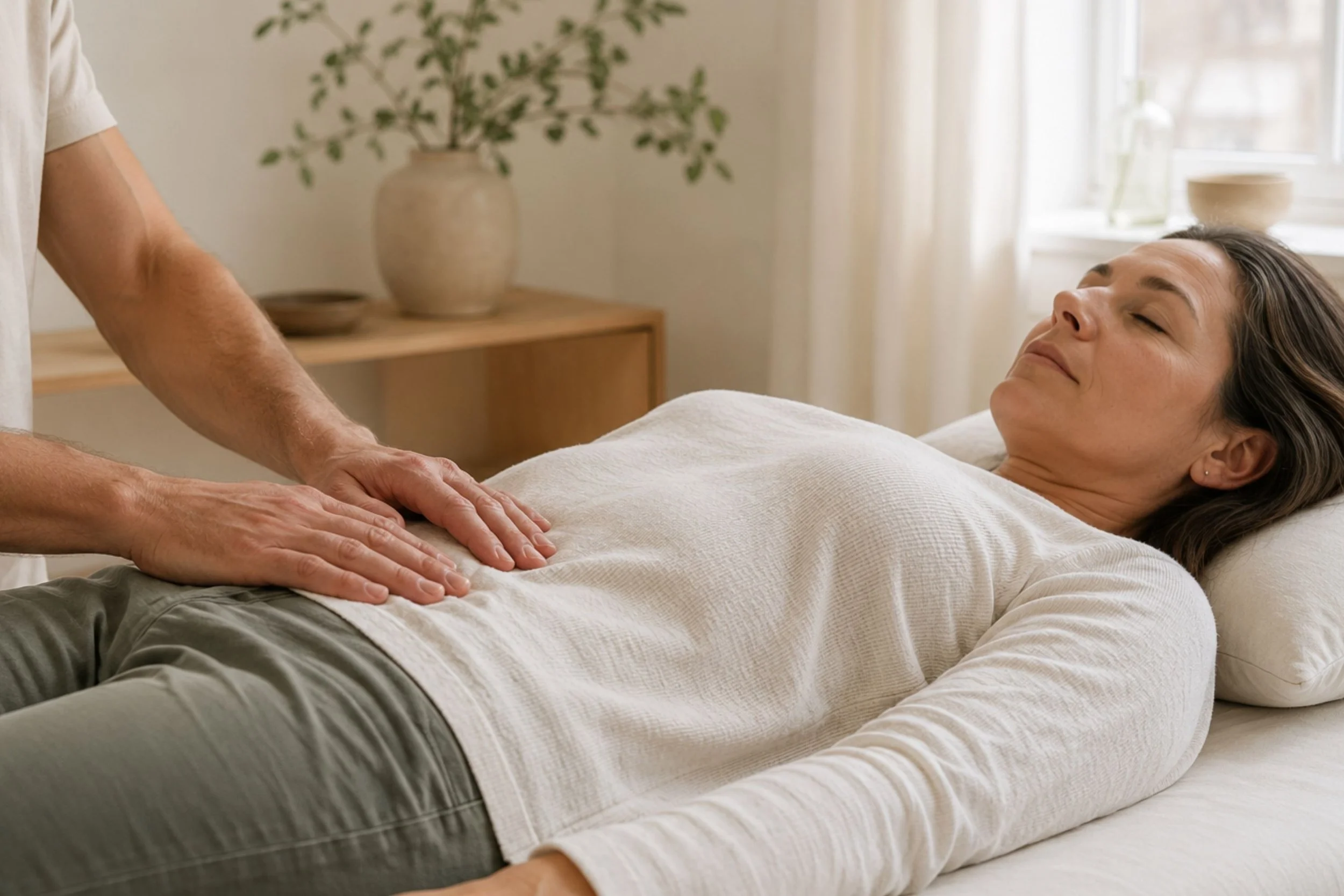 Sanfte osteopathische Behandlung im Bauch- und Beckenbereich durch Johannes Thies in seiner Praxis in Darmstadt.