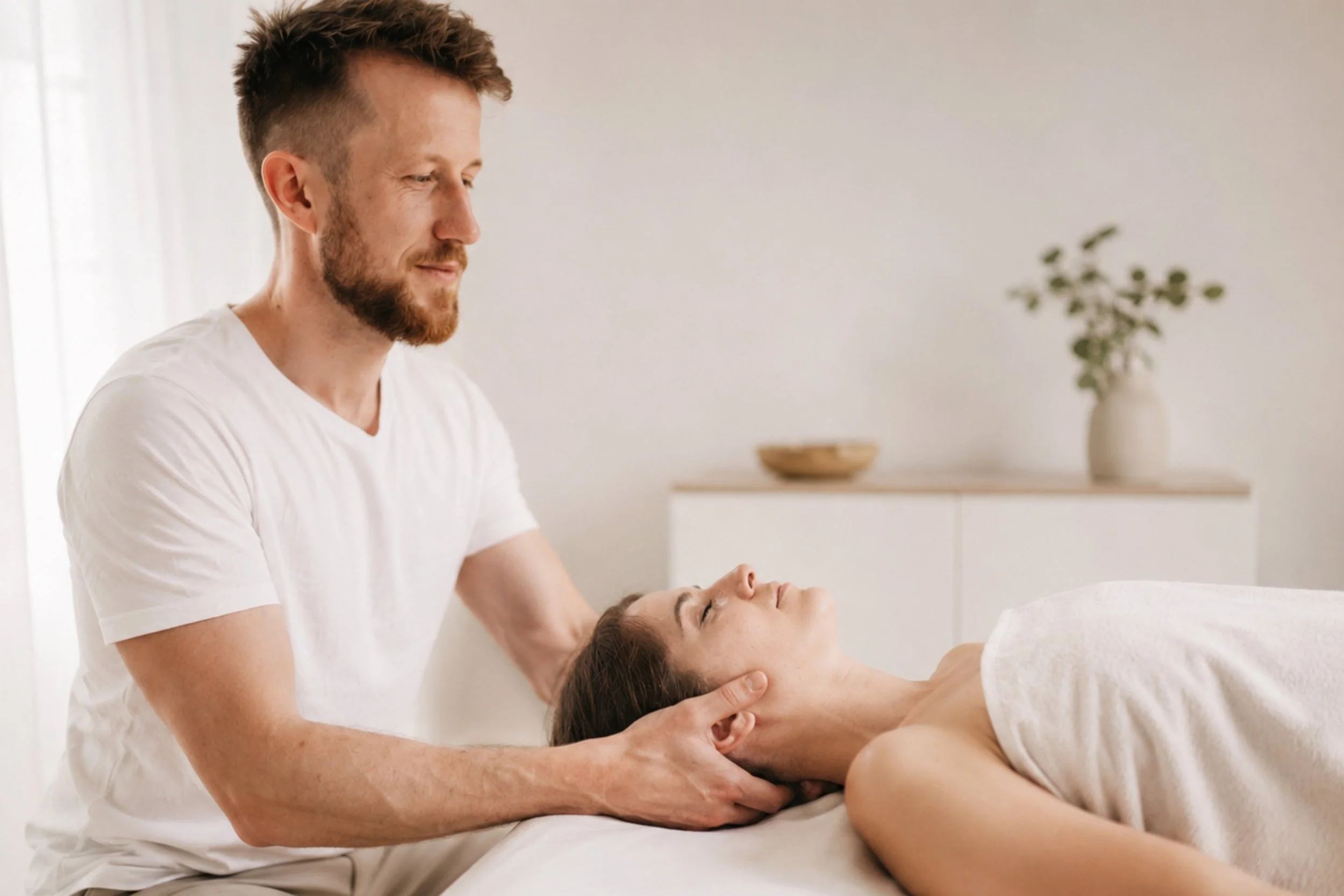 Osteopath Johannes Thies behandelt sanft den Kopf- und Kieferbereich einer Patientin in seiner Praxis in Darmstadt.
