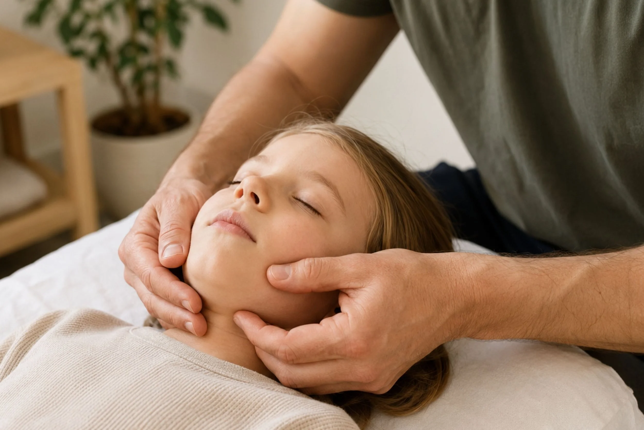 Sanfte osteopathische Behandlung des Kieferbereichs bei einem Kind durch Johannes Thies in Darmstadt.