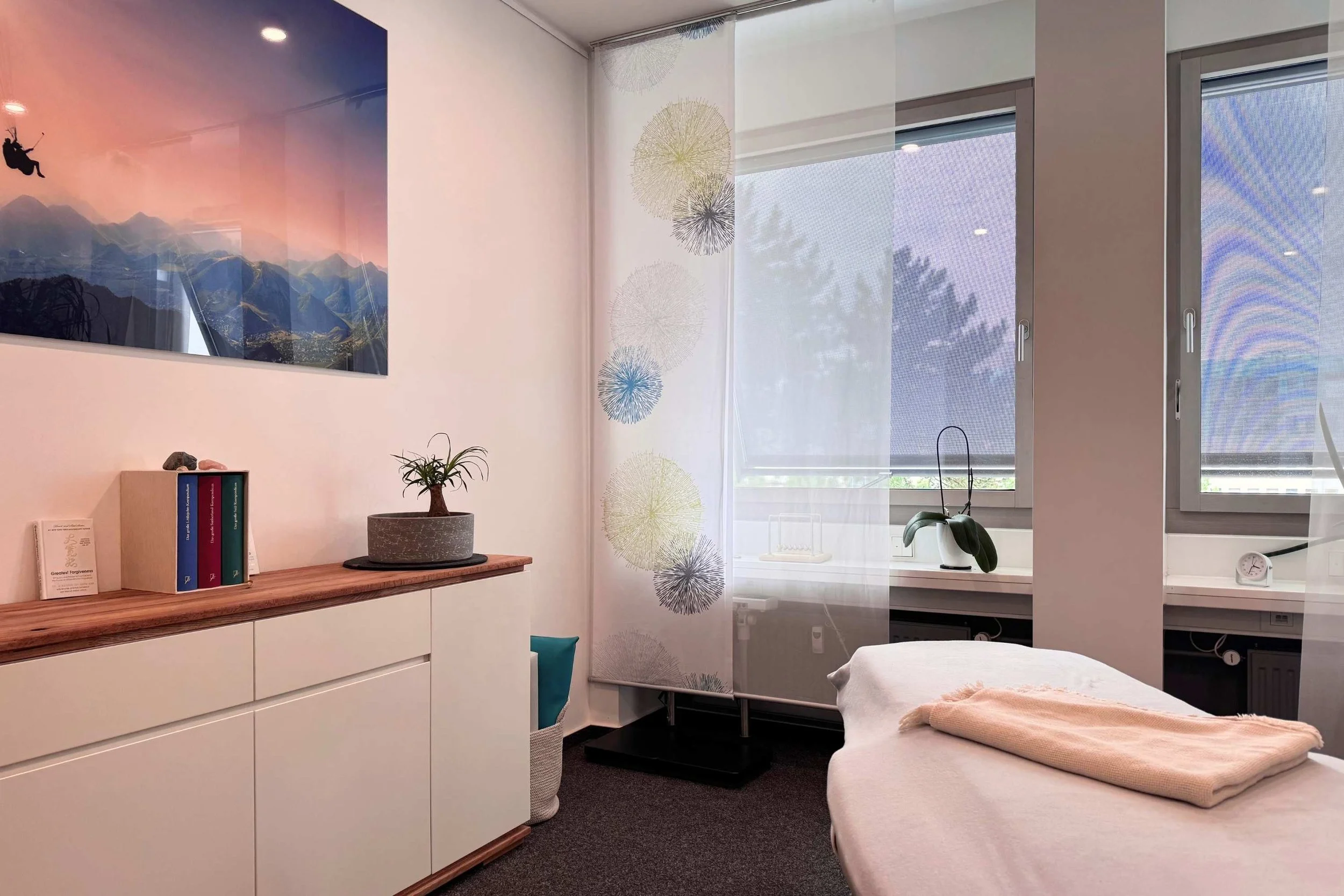 Behandlungsliege am Fenster in der ruhigen und hellen Osteopathie-Praxis von Johannes Thies in Darmstadt.