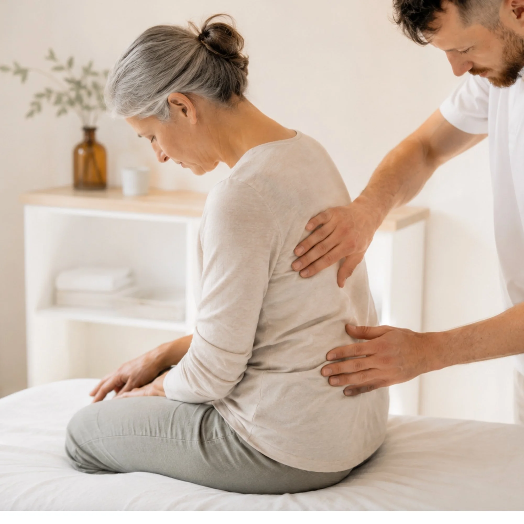 Osteopath Johannes Thies untersucht sanft Rücken und Wirbelsäule einer Patientin mit chronischen Beschwerden in seiner Praxis in Darmstadt.