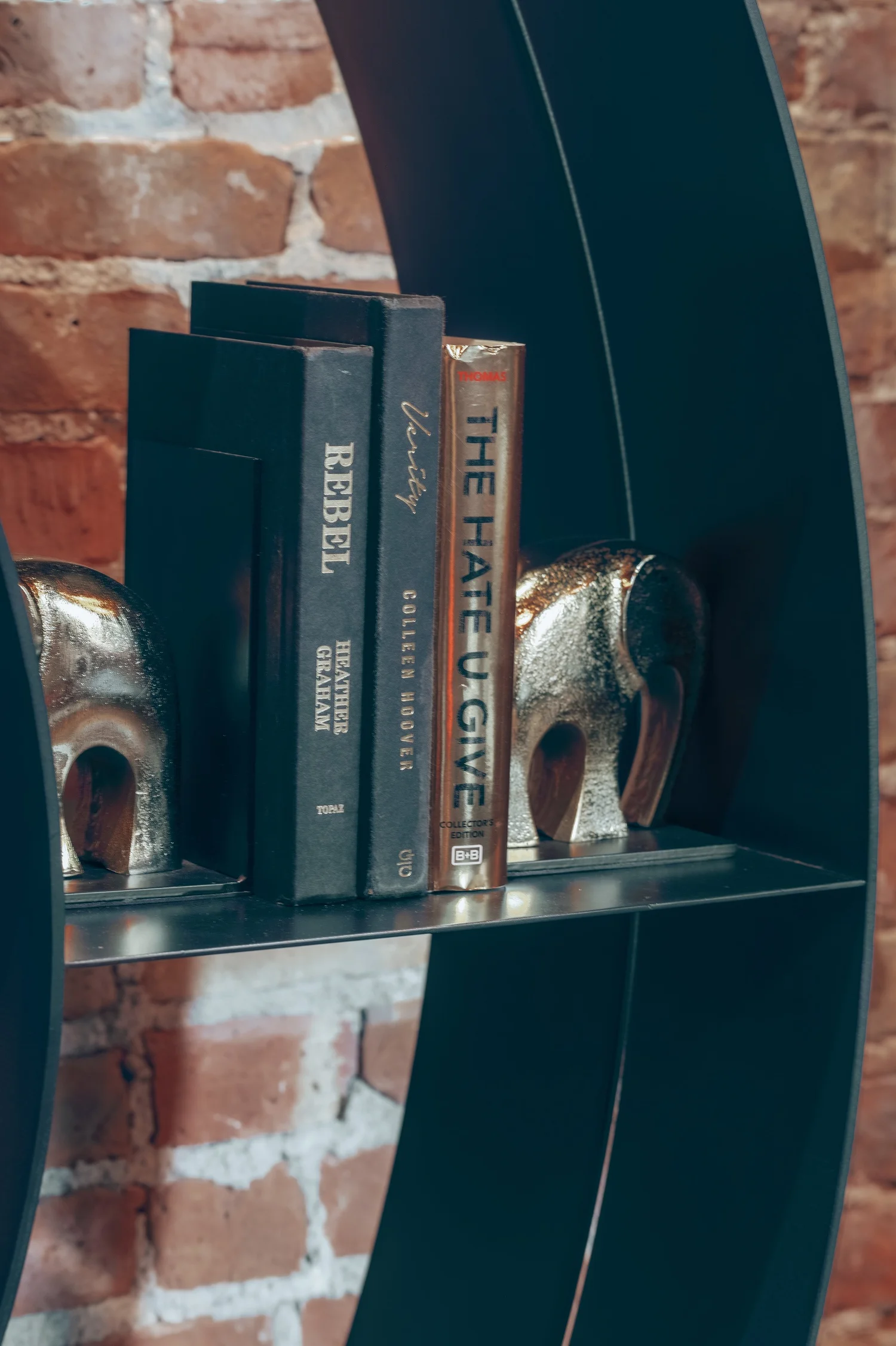 Books and a silver elephant bookend on a shelf