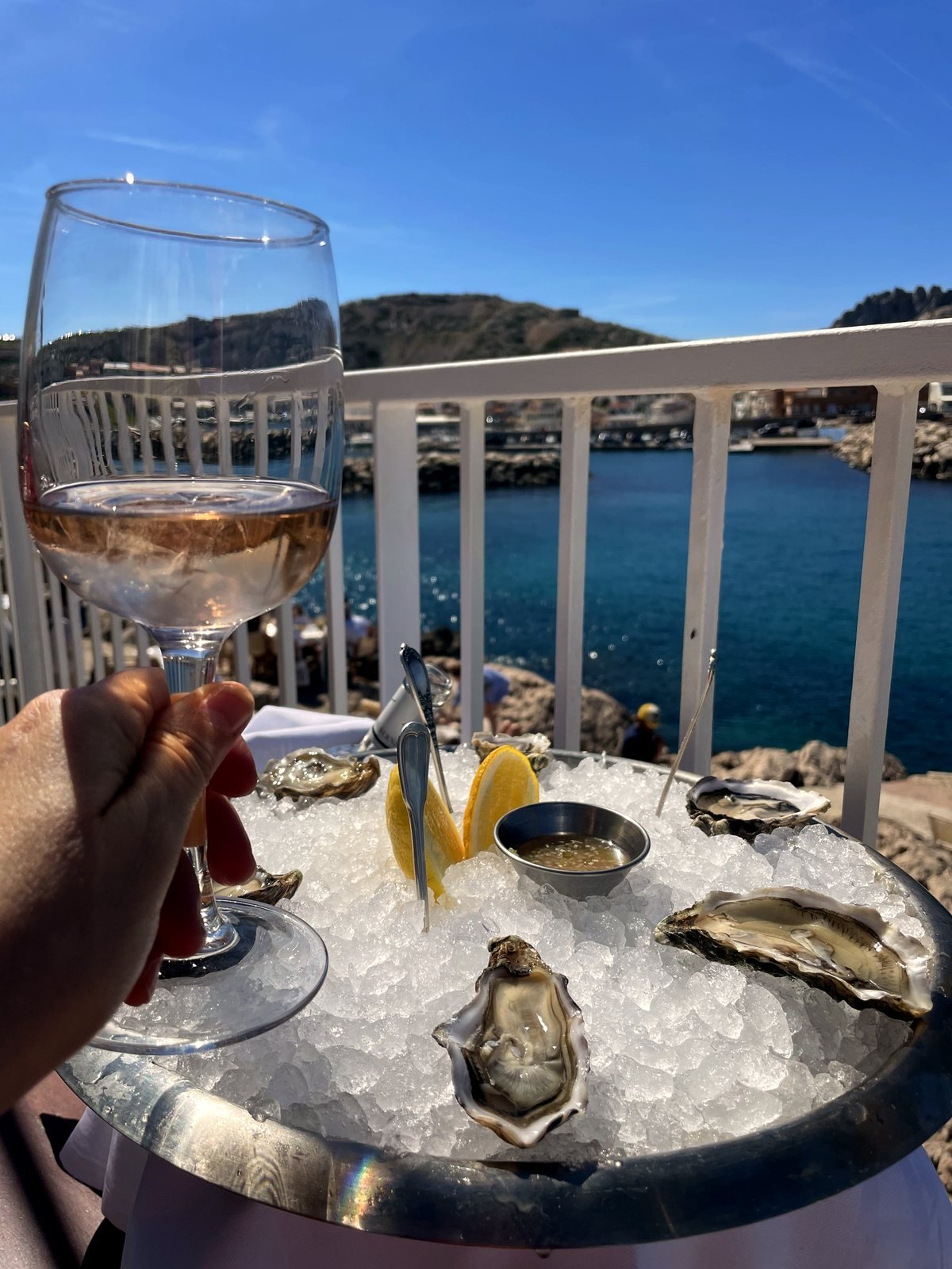 Rosé over a tray of oysters by the sea