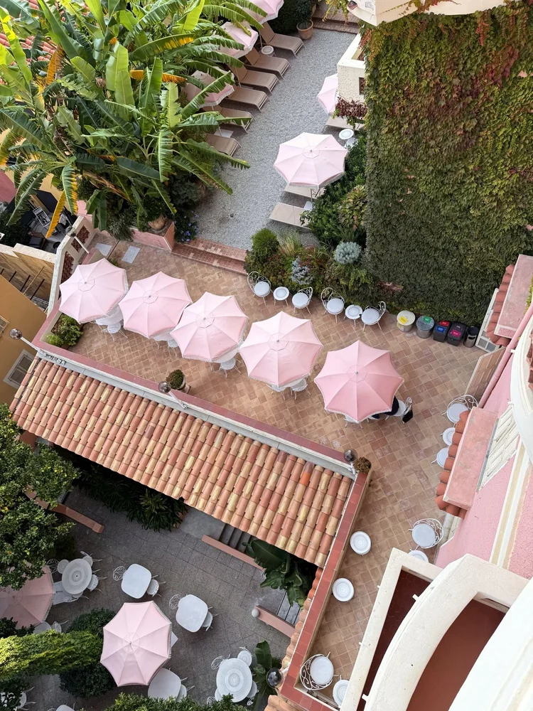 Pink umbrellas in a garden seen from above