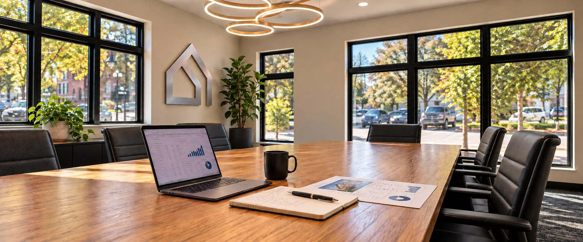 AXIS conference room with laptop showing investment charts, overlooking a tree-lined street