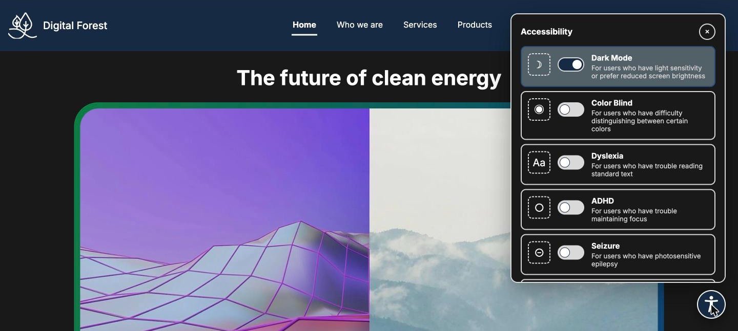 The working prototype in Dark Mode with the accessibility menu open