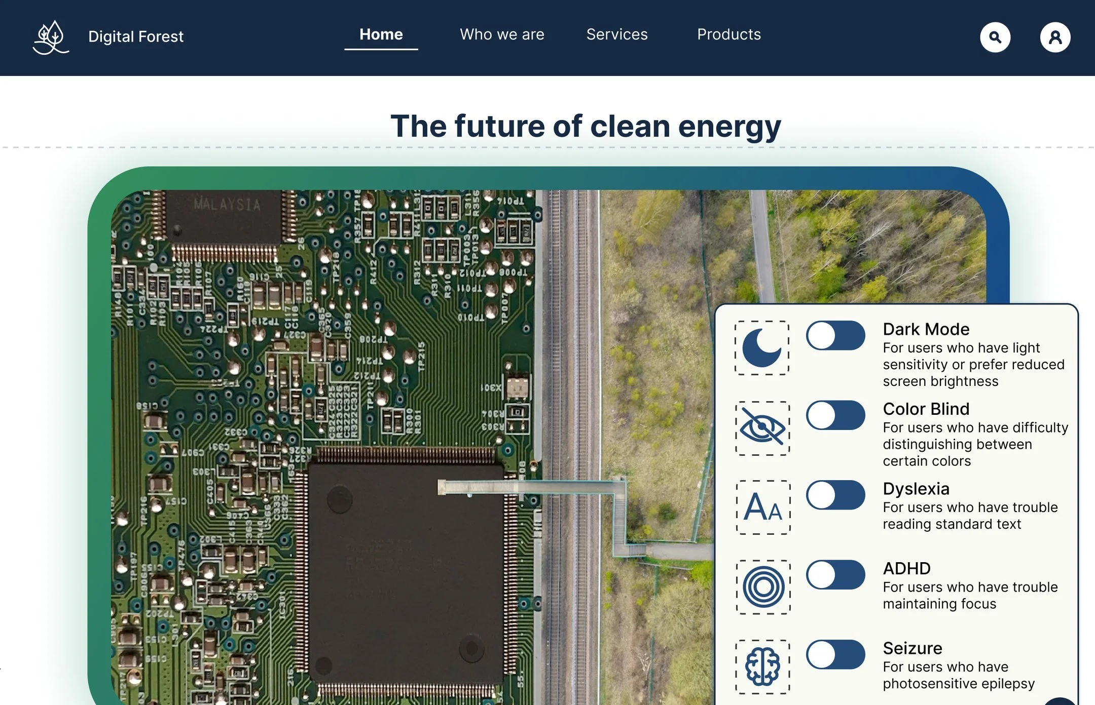 Homepage with the accessibility menu open