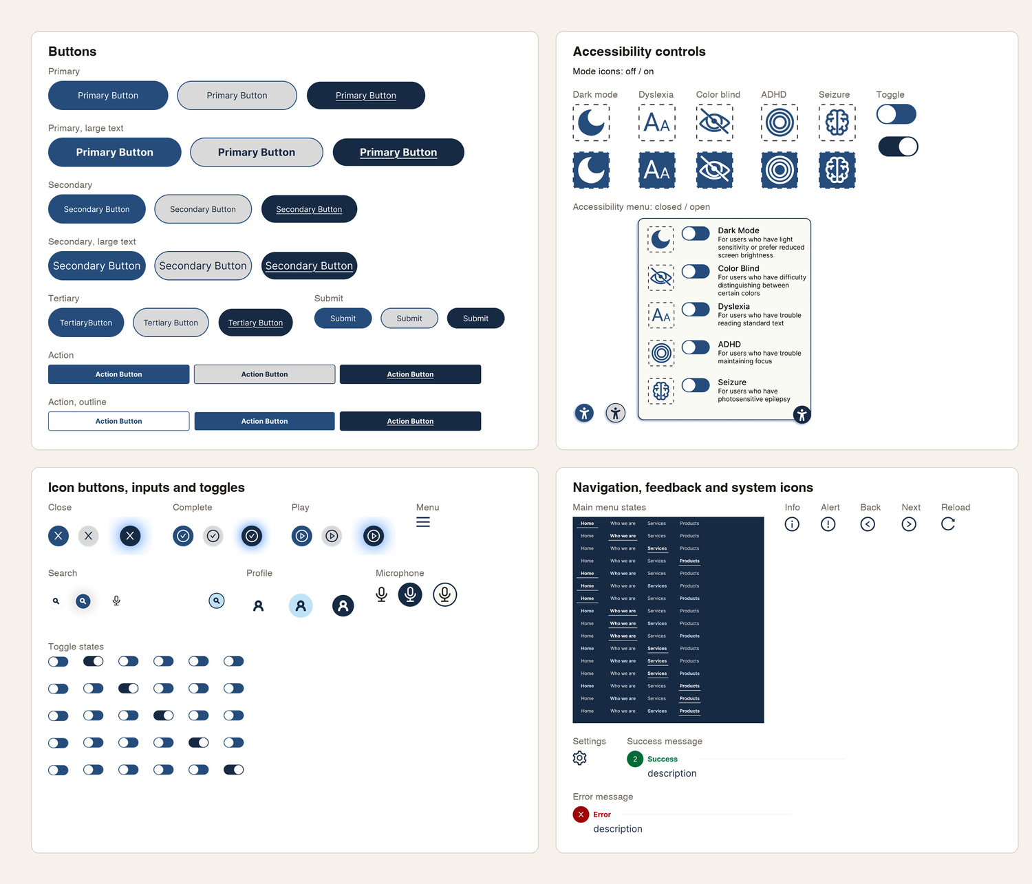 Atom sheet: buttons, icon buttons, inputs, toggles, mode icons, the accessibility menu, navigation states, messages and system icons