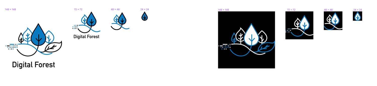 The responsive logo set at 148, 72, 48 and 24 pixels, light and dark