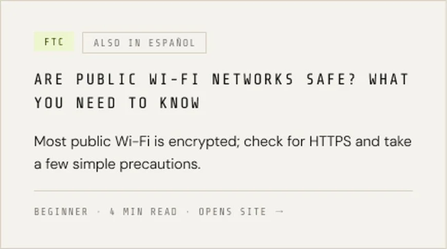 Guide card: Are Public Wi-Fi Networks Safe? from the FTC