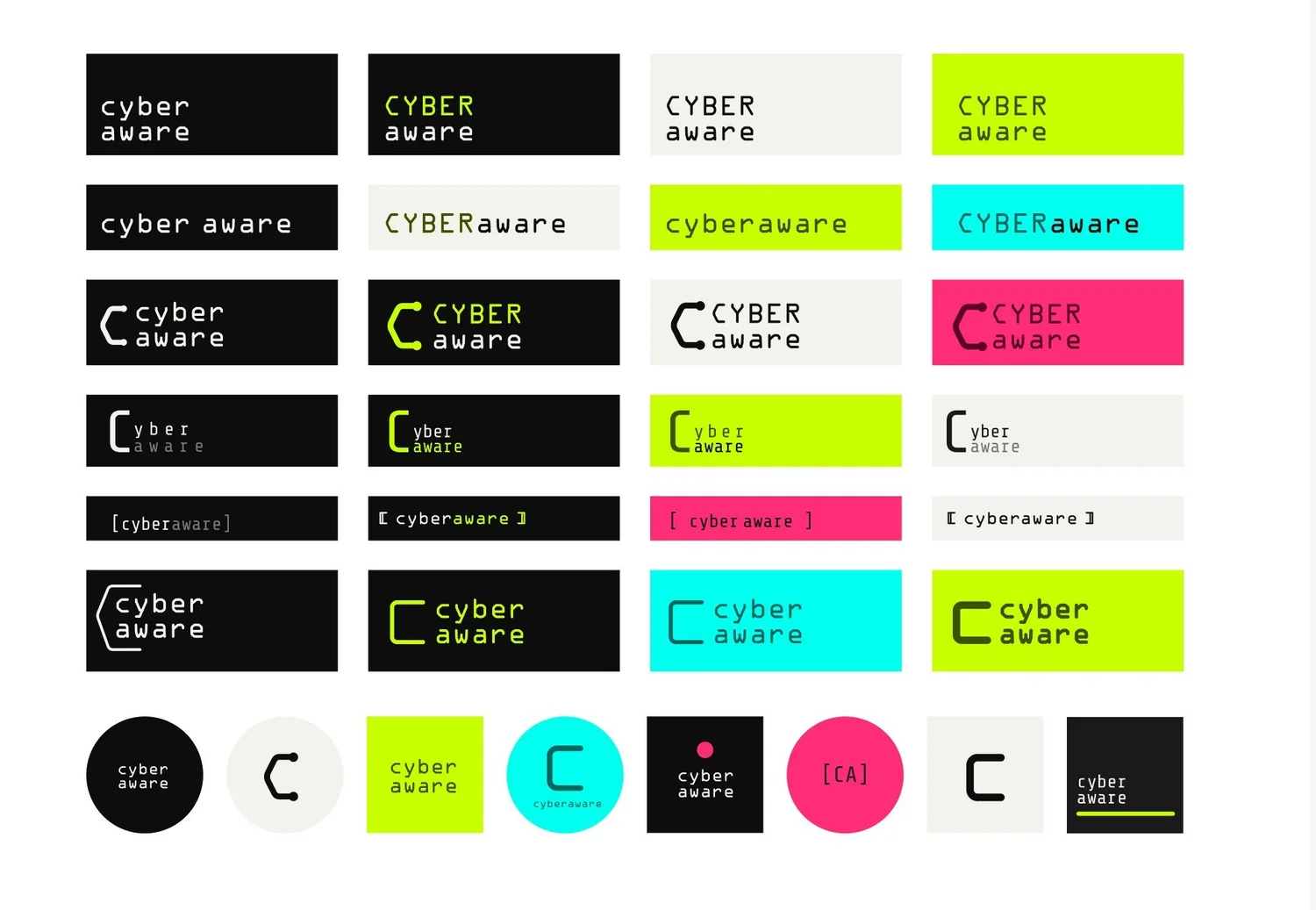 Logo exploration grid: wordmarks, bracket marks and badges in ink, paper, lime, cyan and pink