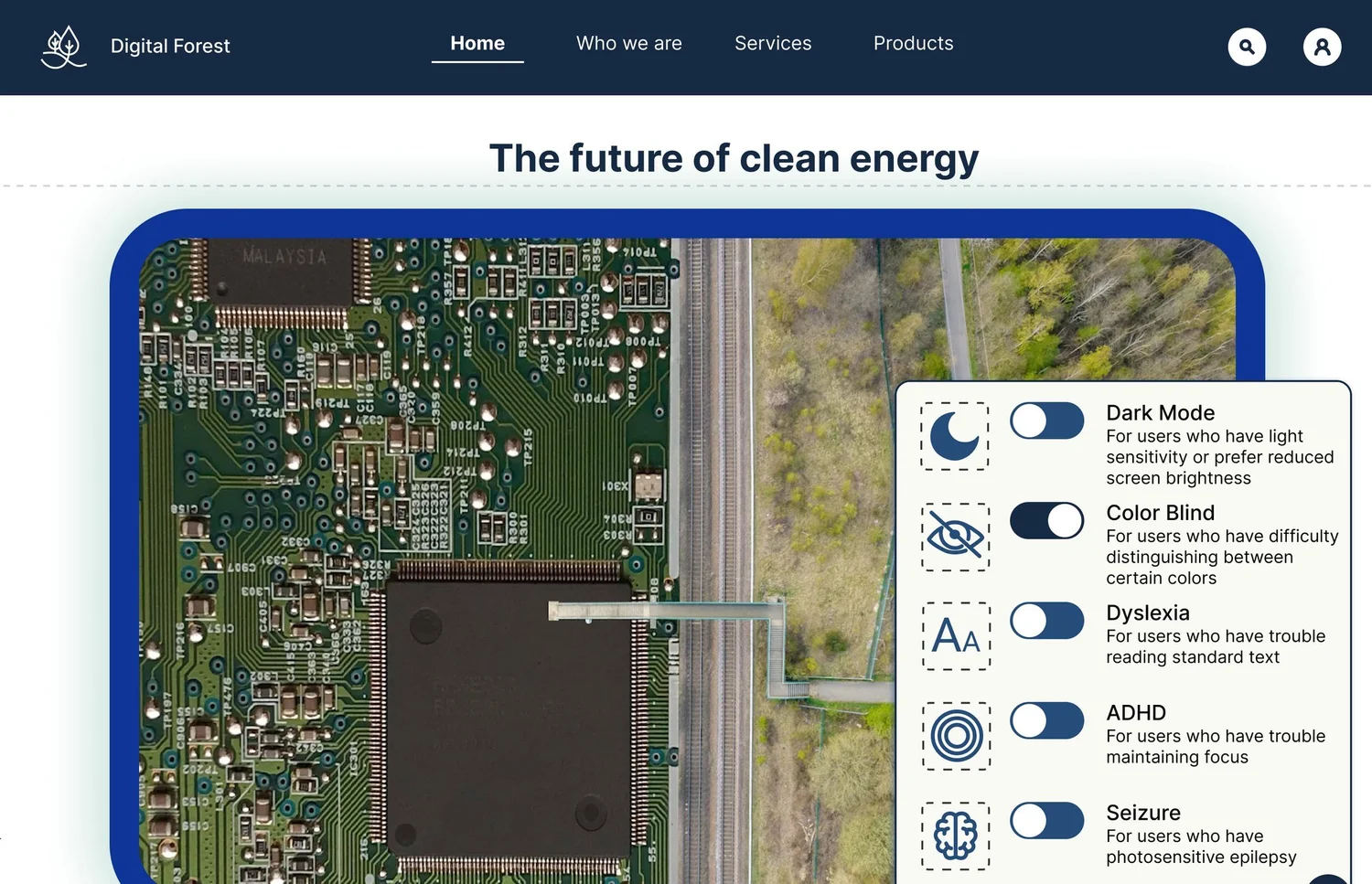 Digital Forest homepage in Color Blind mode