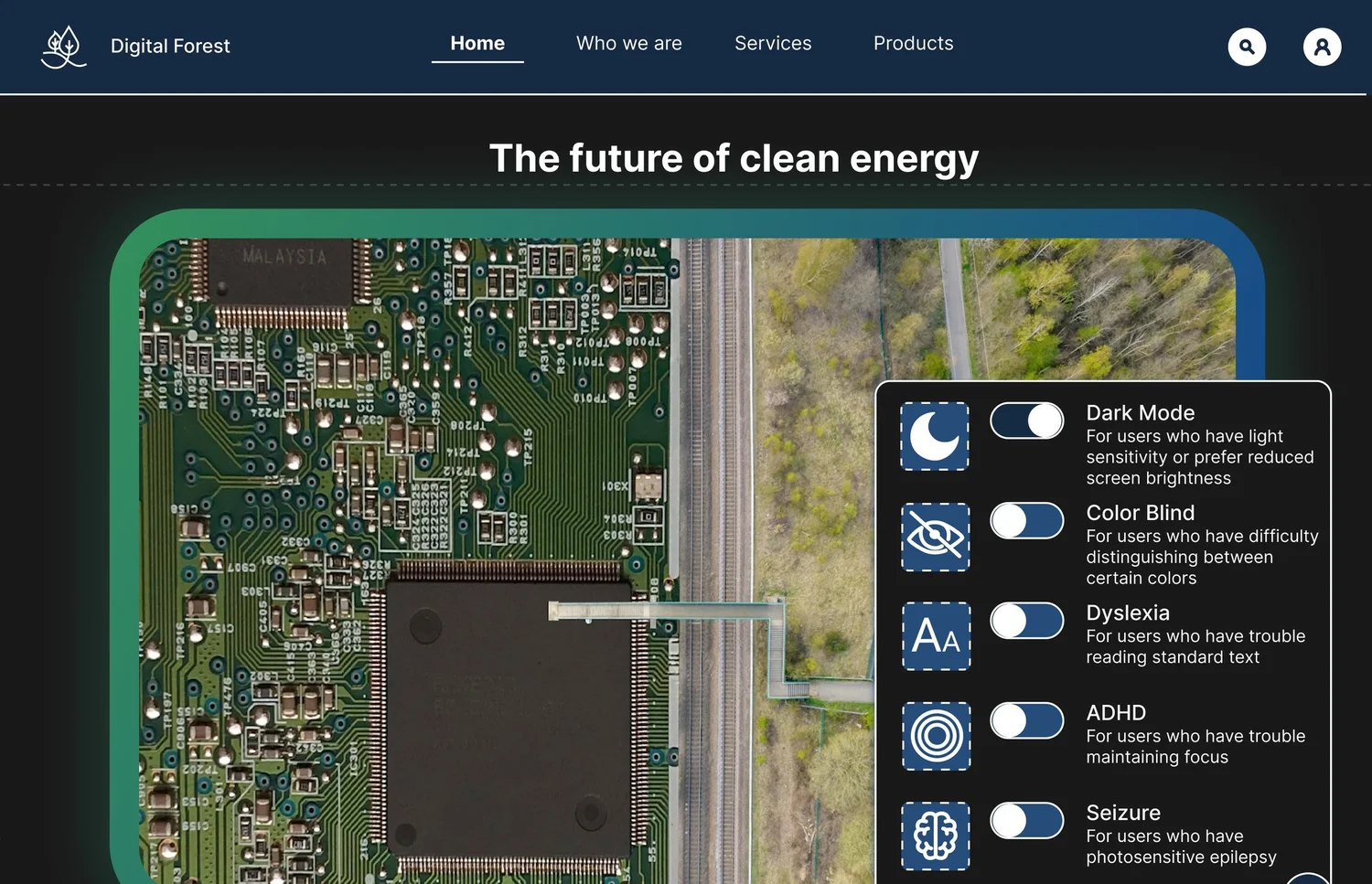 Digital Forest homepage in Dark Mode mode
