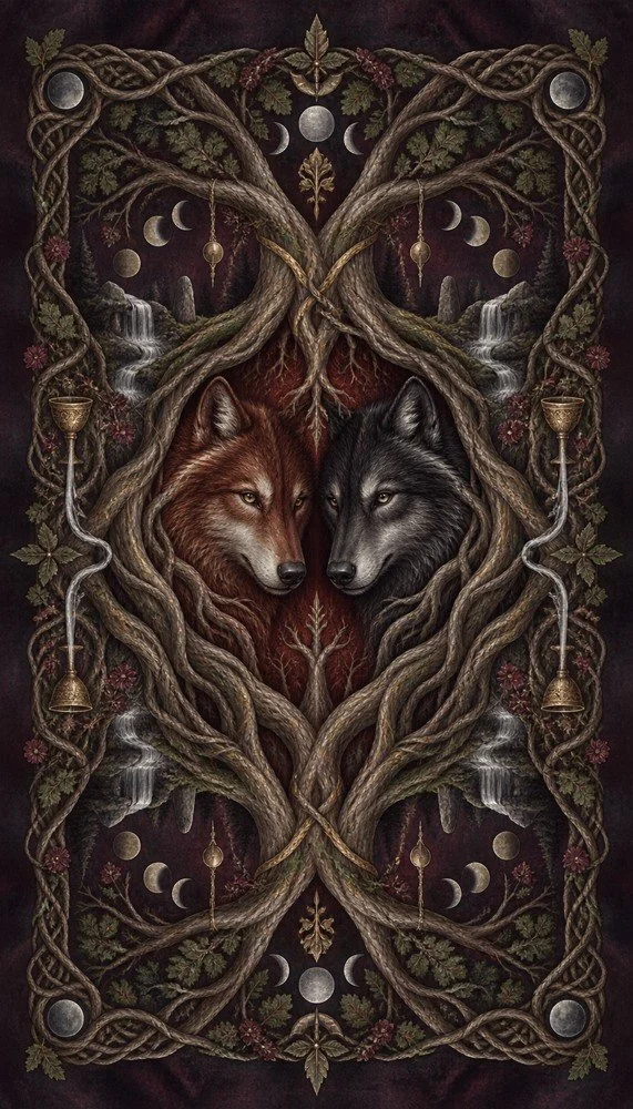 The card back — The Woven Fates tarot deck