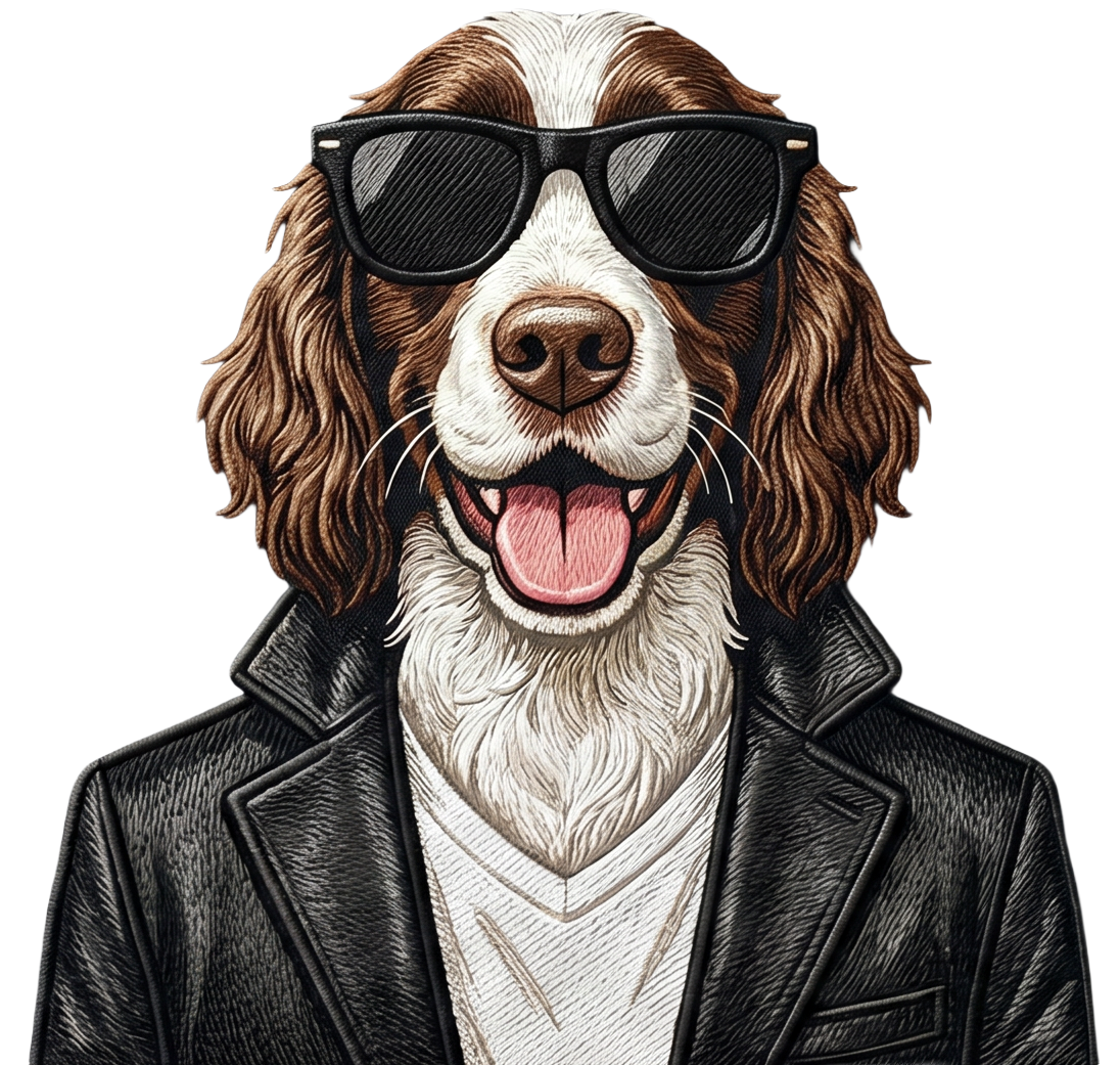 Beckham, an English Springer Spaniel, embroidered in sunglasses and a leather jacket