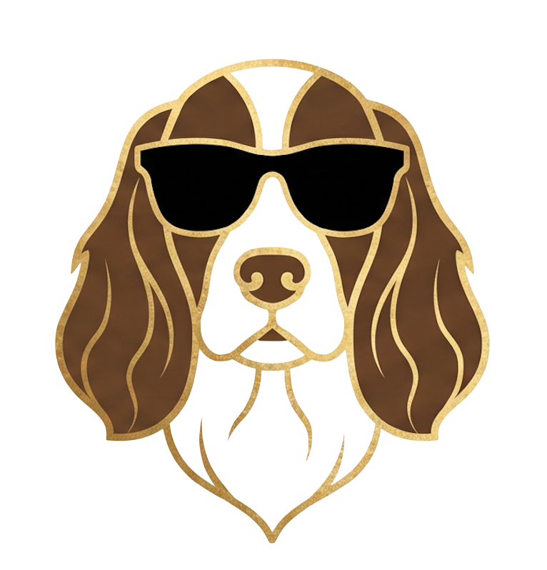 The Chic Dog crest — Posh, an English Springer Spaniel, drawn in gold