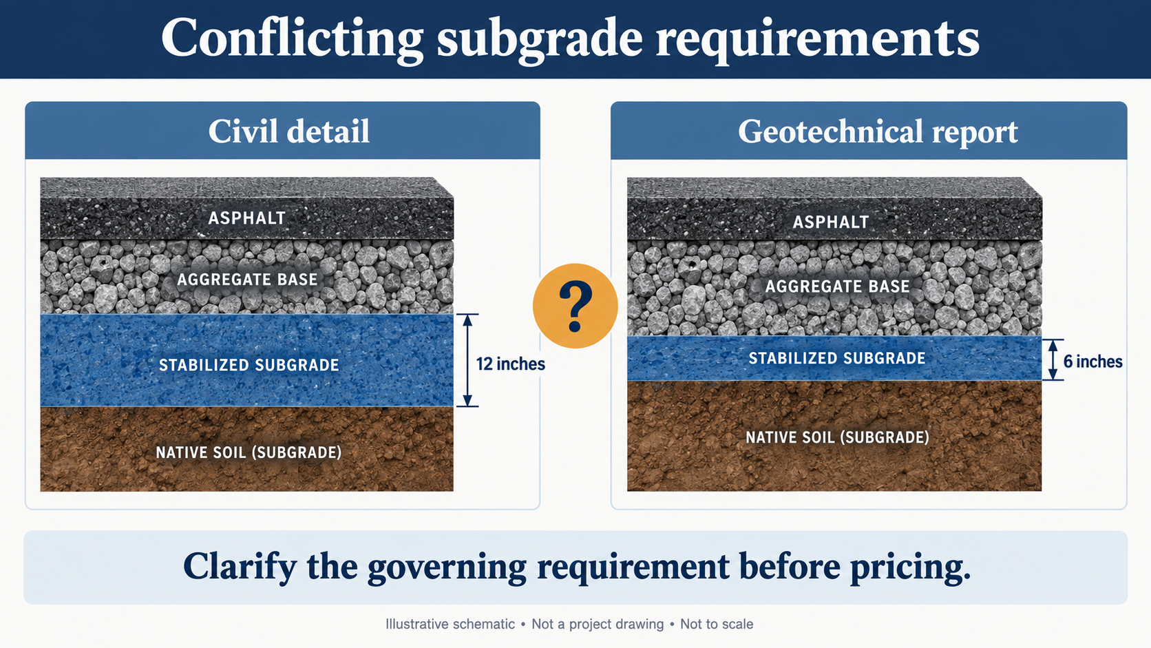 Illustrative comparison of 12-inch civil-detail and 6-inch geotechnical stabilized-subgrade requirements