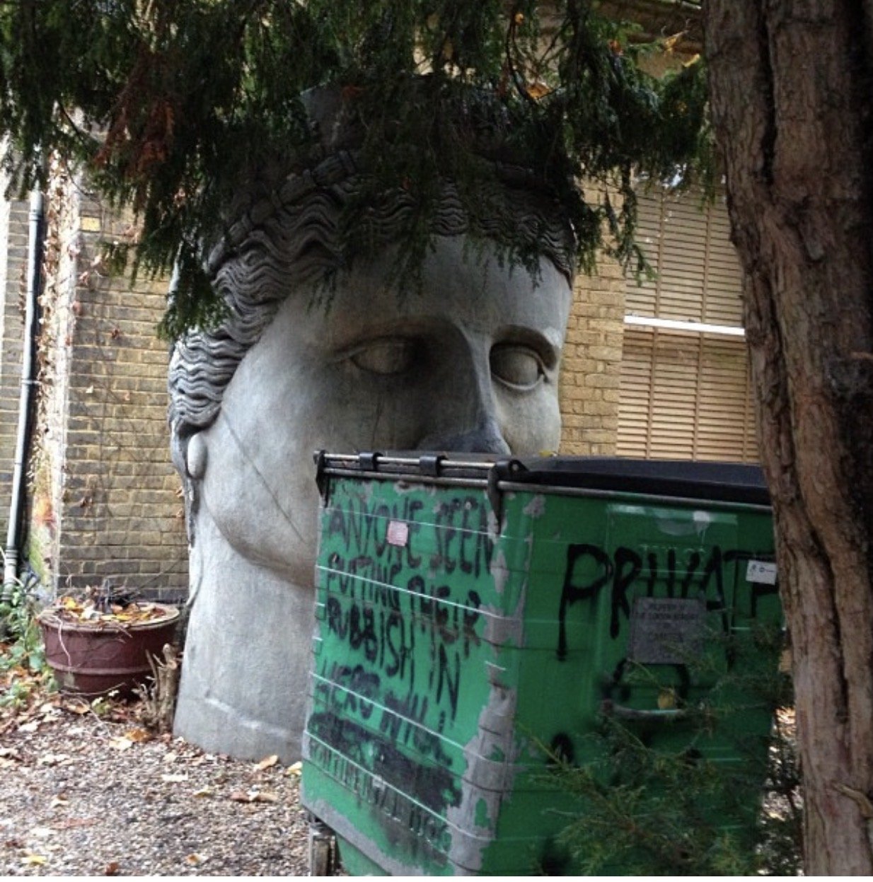 A classical-looking sculpted head partly hidden by a green bin under a tree