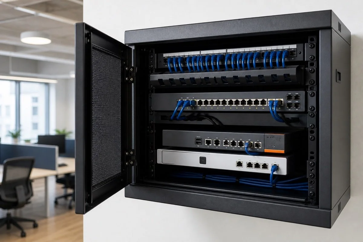 Enterprise network cabinet with managed switches, patch panel and firewall