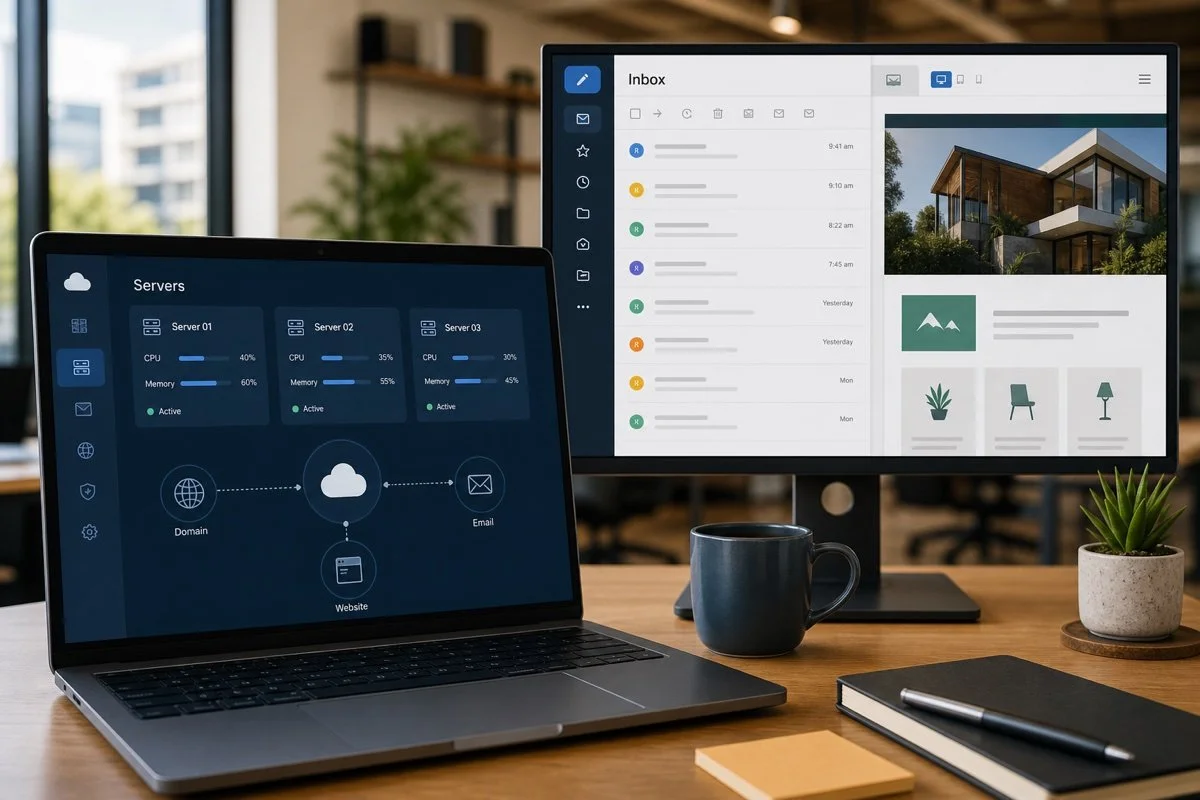 Business cloud servers, email, domain and website hosting dashboard