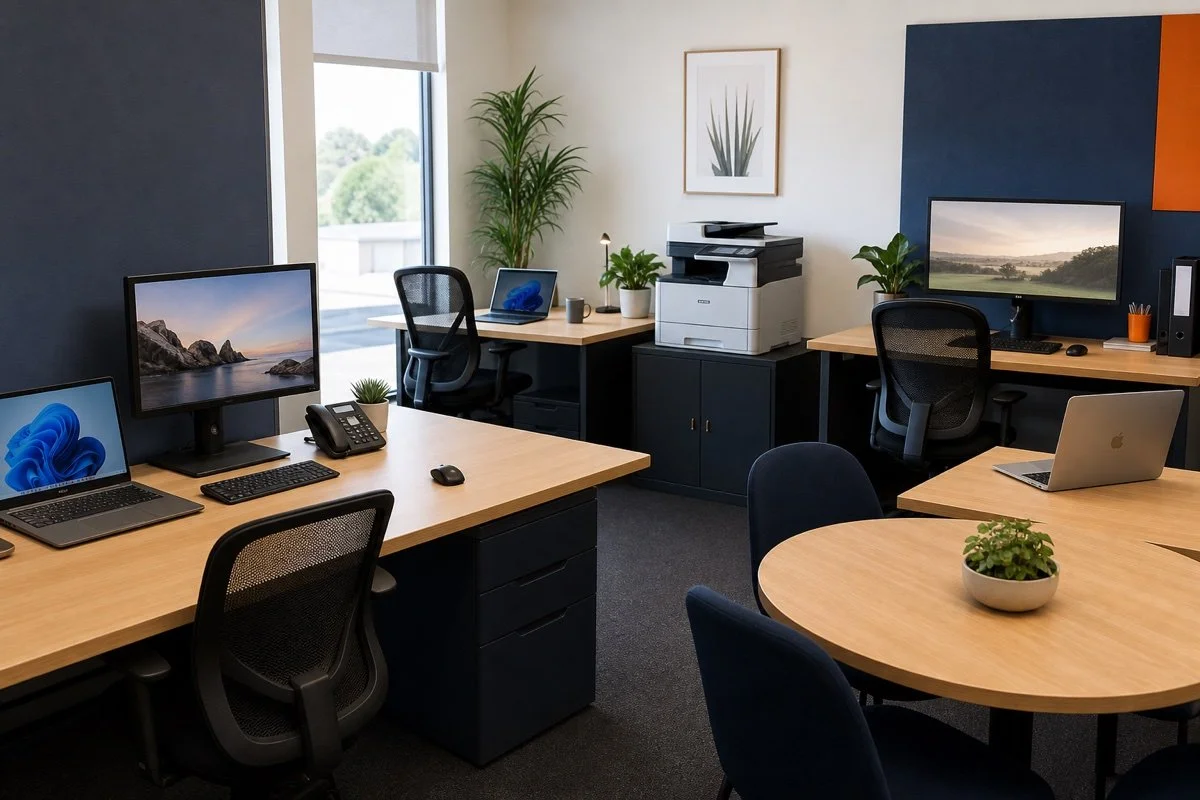 Windows and Macintosh computers in a professional office