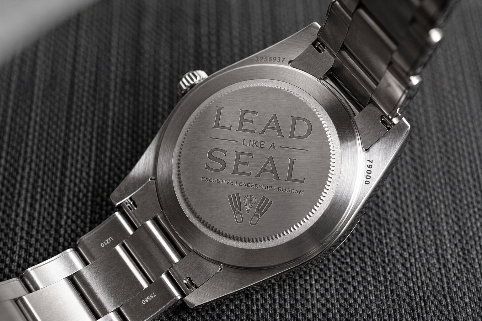 Watch caseback engraved with the Lead Like a SEAL Executive Leadership Program logo
