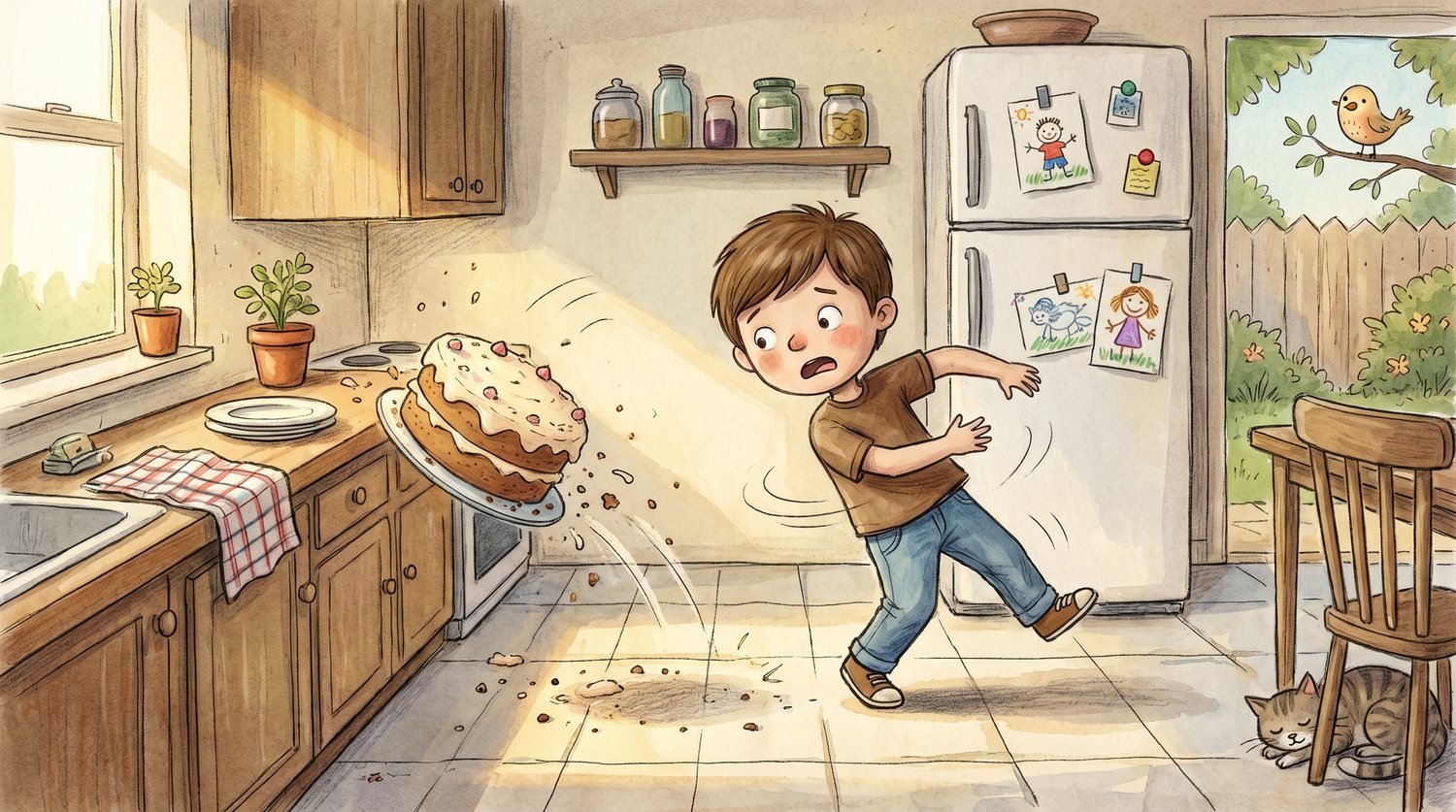 The birthday cake slides off the kitchen counter as Timmy stumbles backward, arms out.