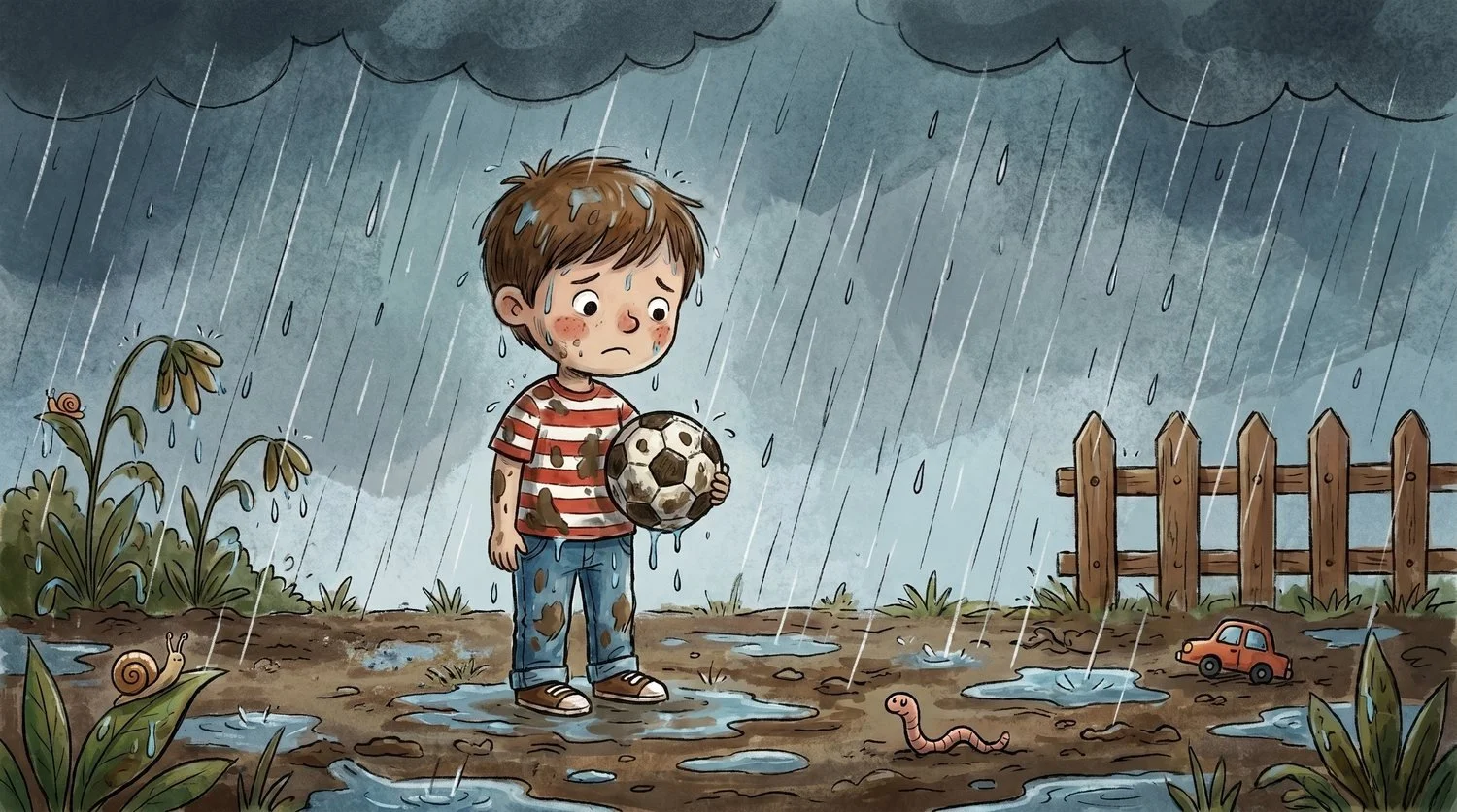 Timmy stands alone in heavy rain, soaked and muddy, holding a muddy soccer ball.