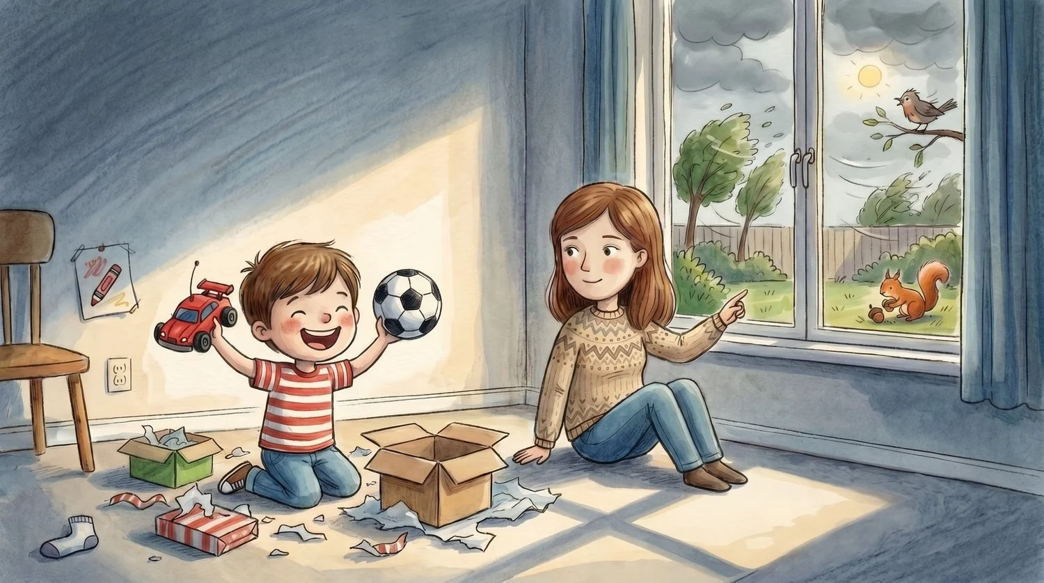 Timmy holds up a toy car and a soccer ball beside torn wrapping paper while his mother points toward the window, where storm clouds are gathering.