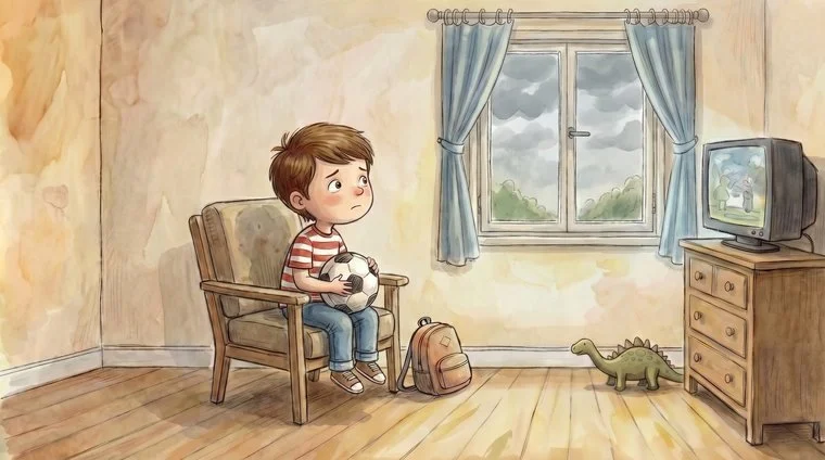 Timmy sits in a chair holding a soccer ball, looking out the window at storm clouds.