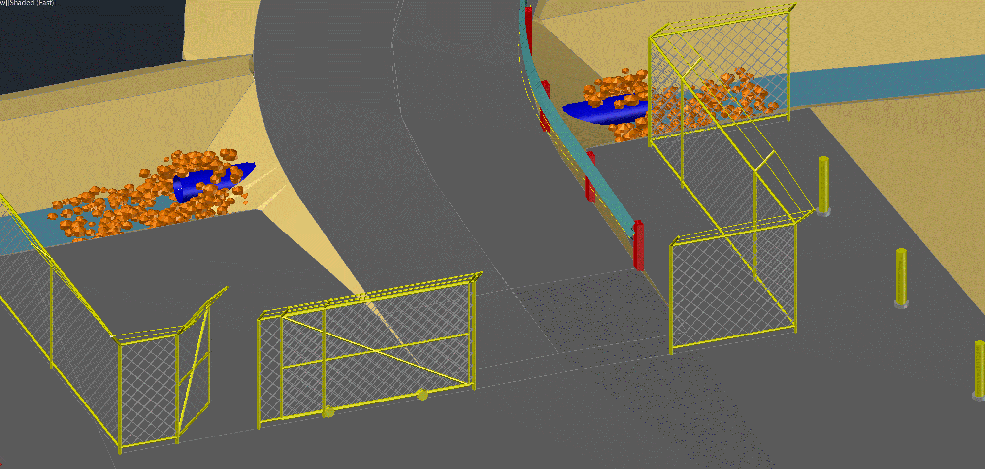Oblique model view of fence mesh, rolling gate, culverts with riprap, guardrail and bollards