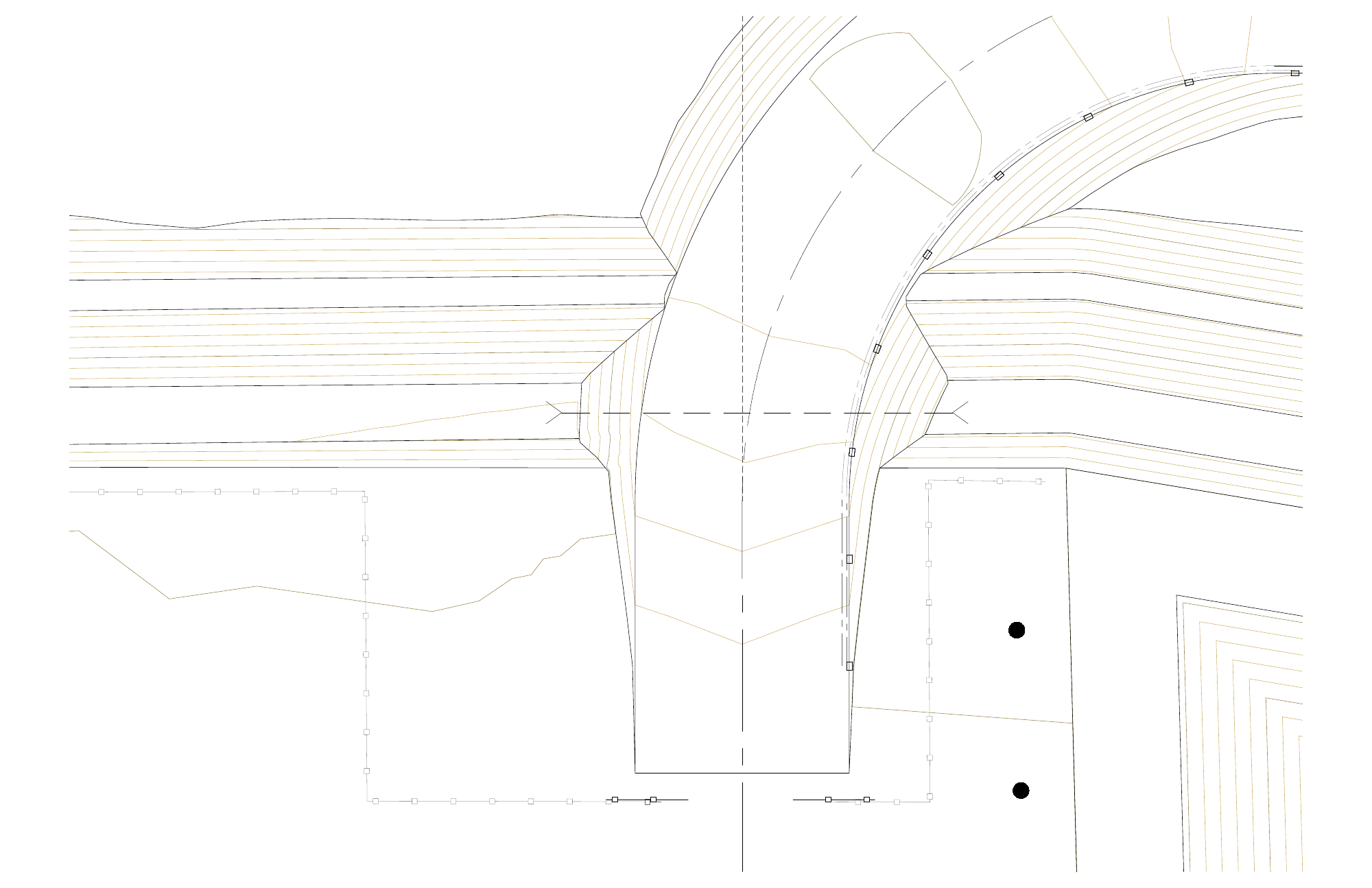 CAD linework plan of the entrance, double rolling gate, culvert crossing, guardrail and bollards