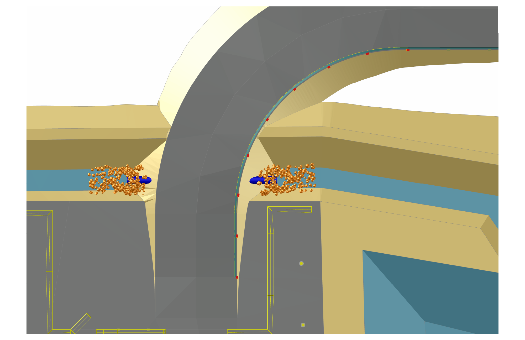 Shaded plan view showing the road crossing, culvert ends, riprap and curved guardrail