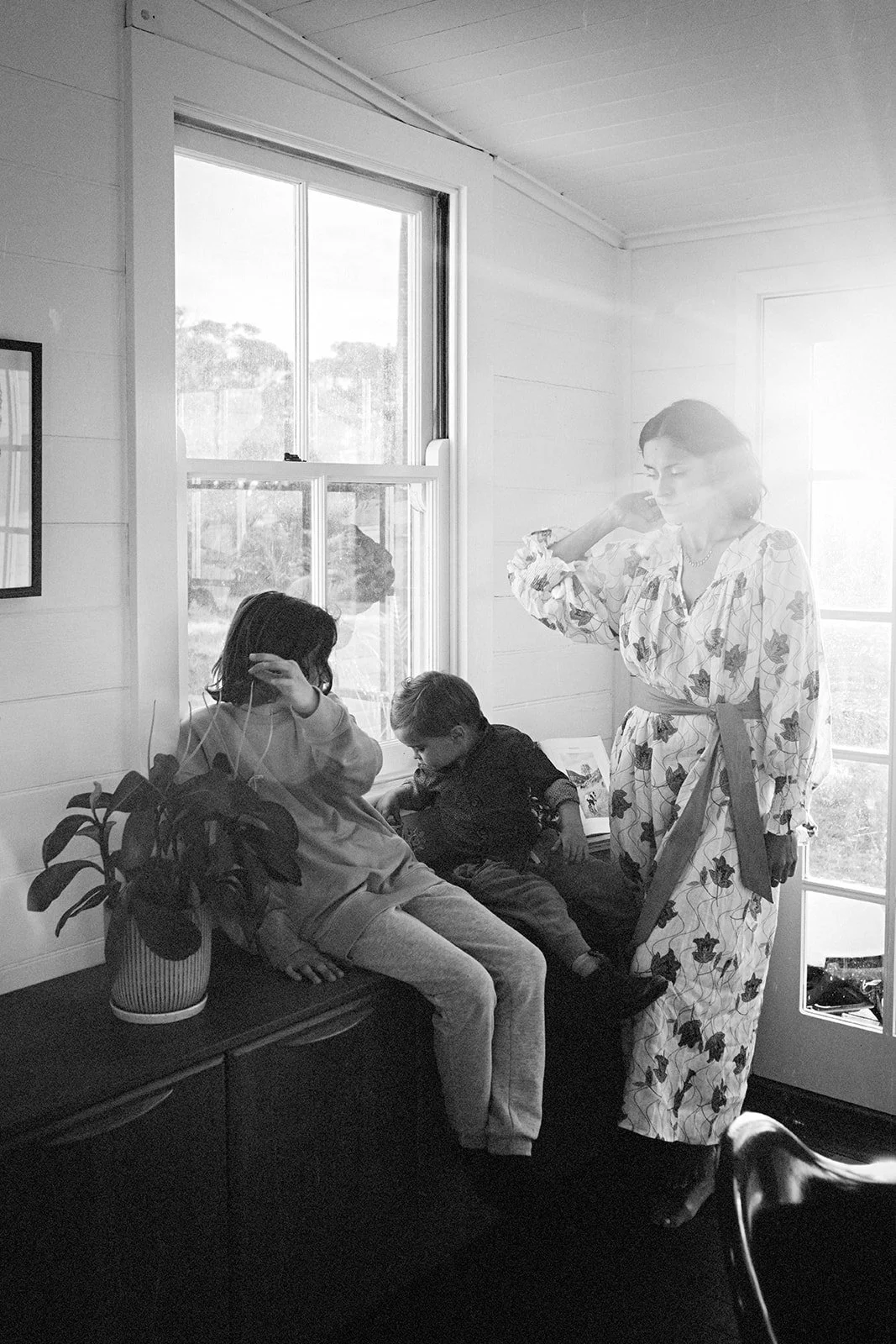 Black and white domestic family scene