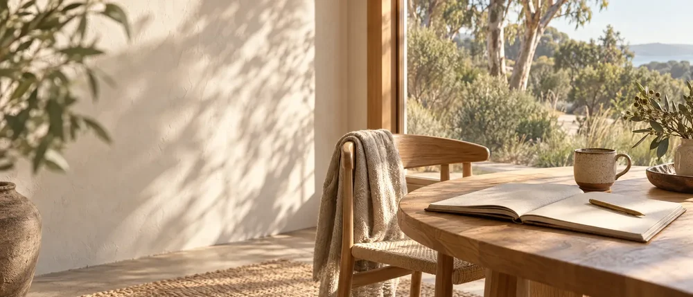 A sunlit table with an open journal and a cup of coffee