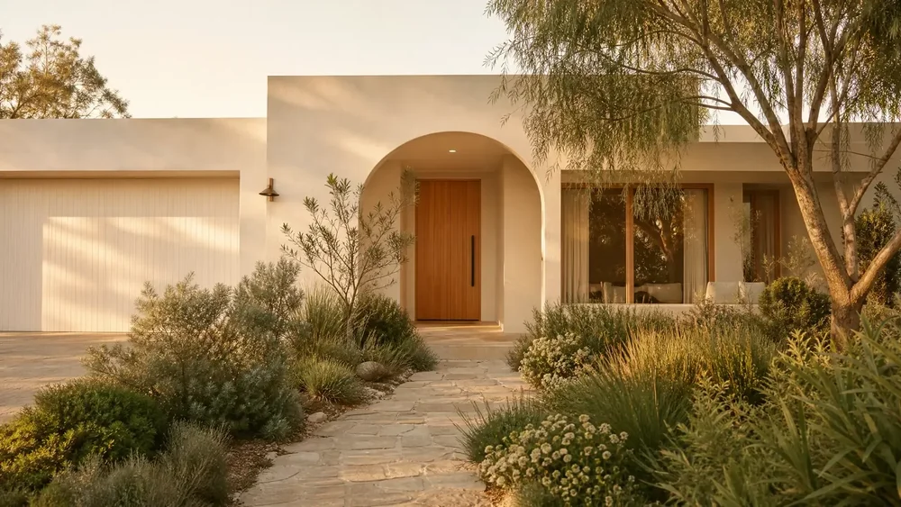 A calm, sunlit home entrance with an arched doorway