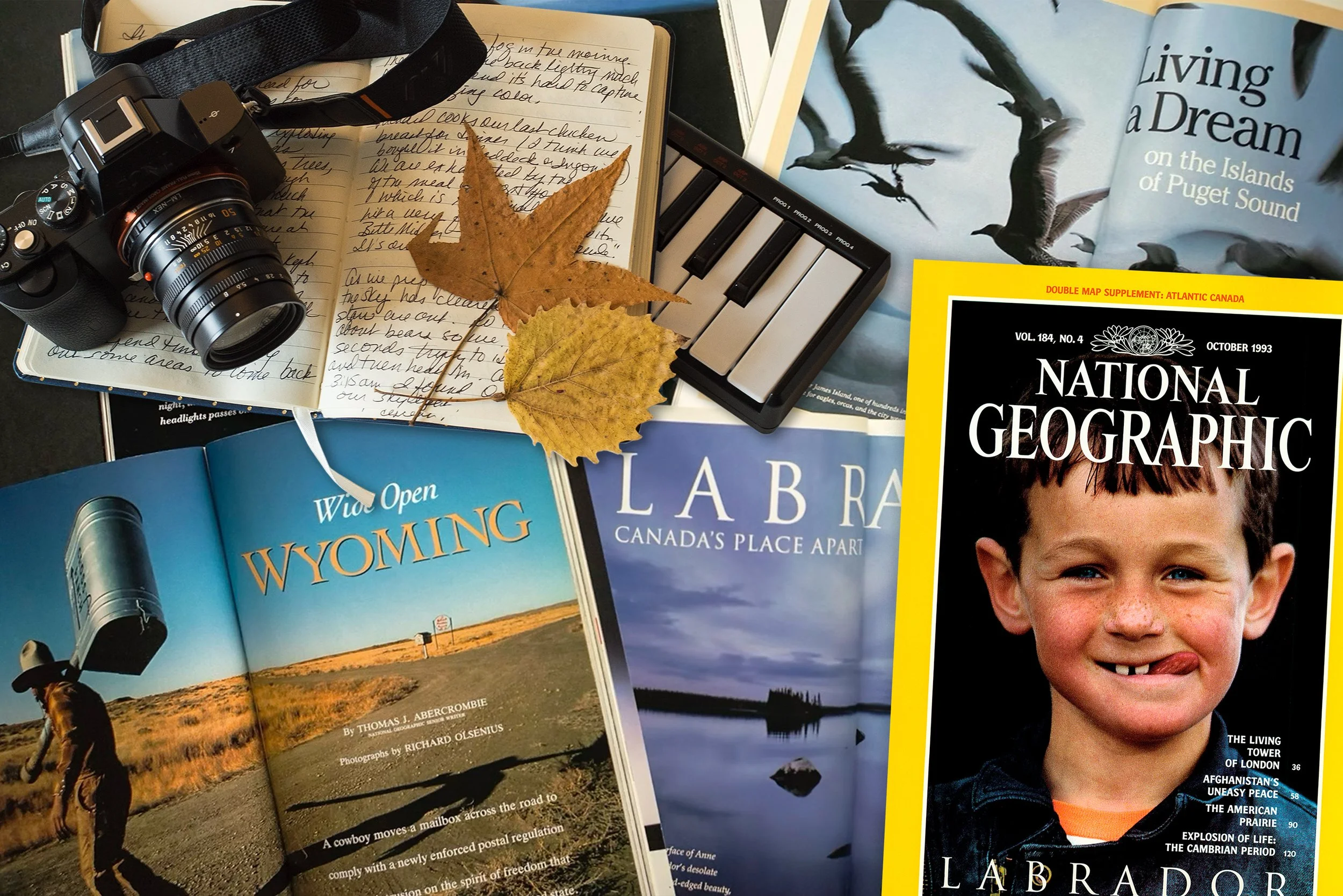 A camera, a handwritten field notebook, and National Geographic spreads