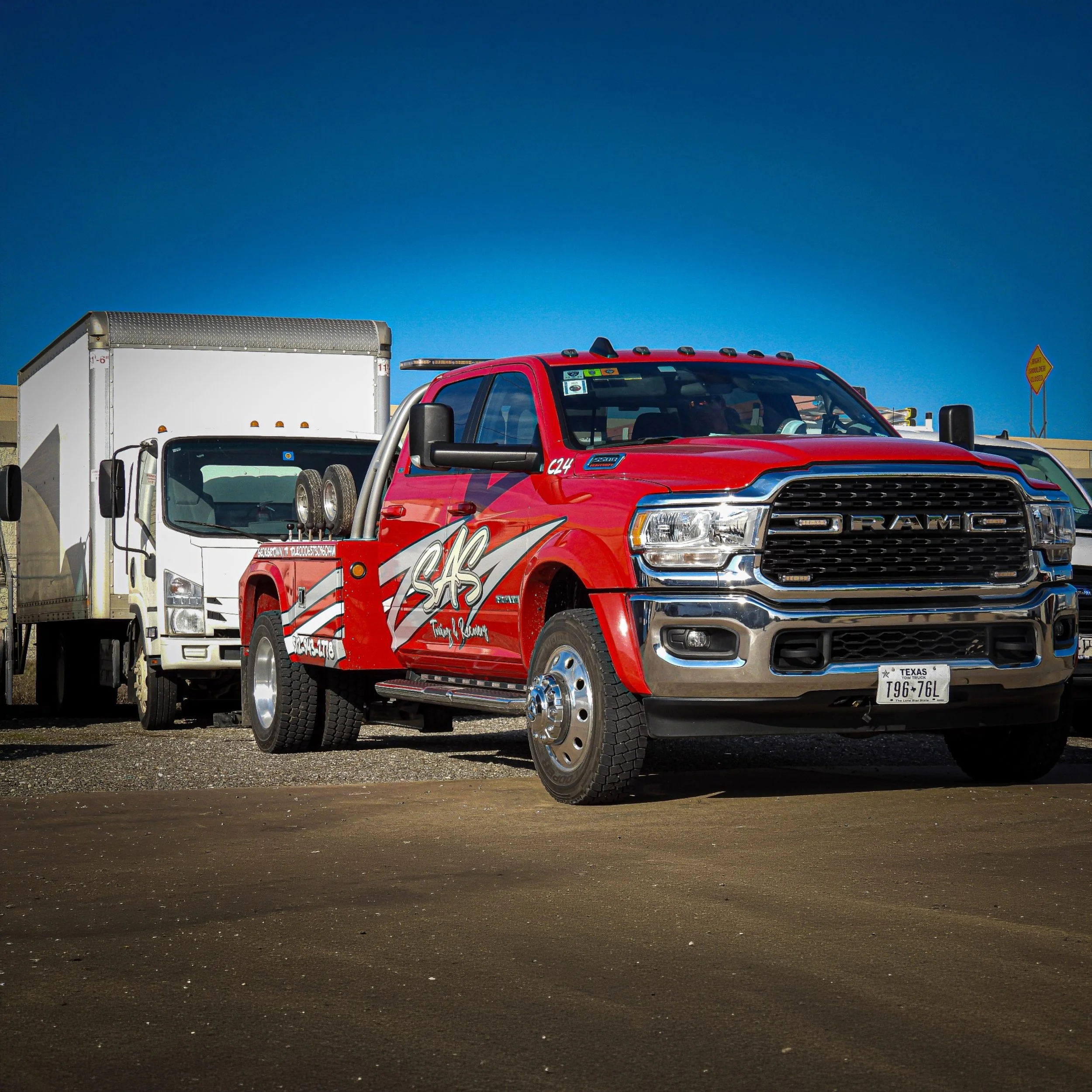 SAS Road Solutions tow truck providing vehicle towing in Central Texas