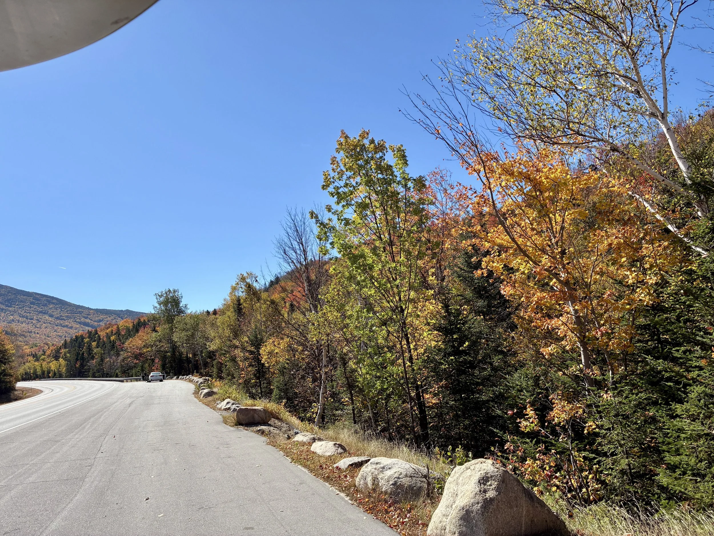 A winding road through peak orange and yellow foliage with mountains beyond.
