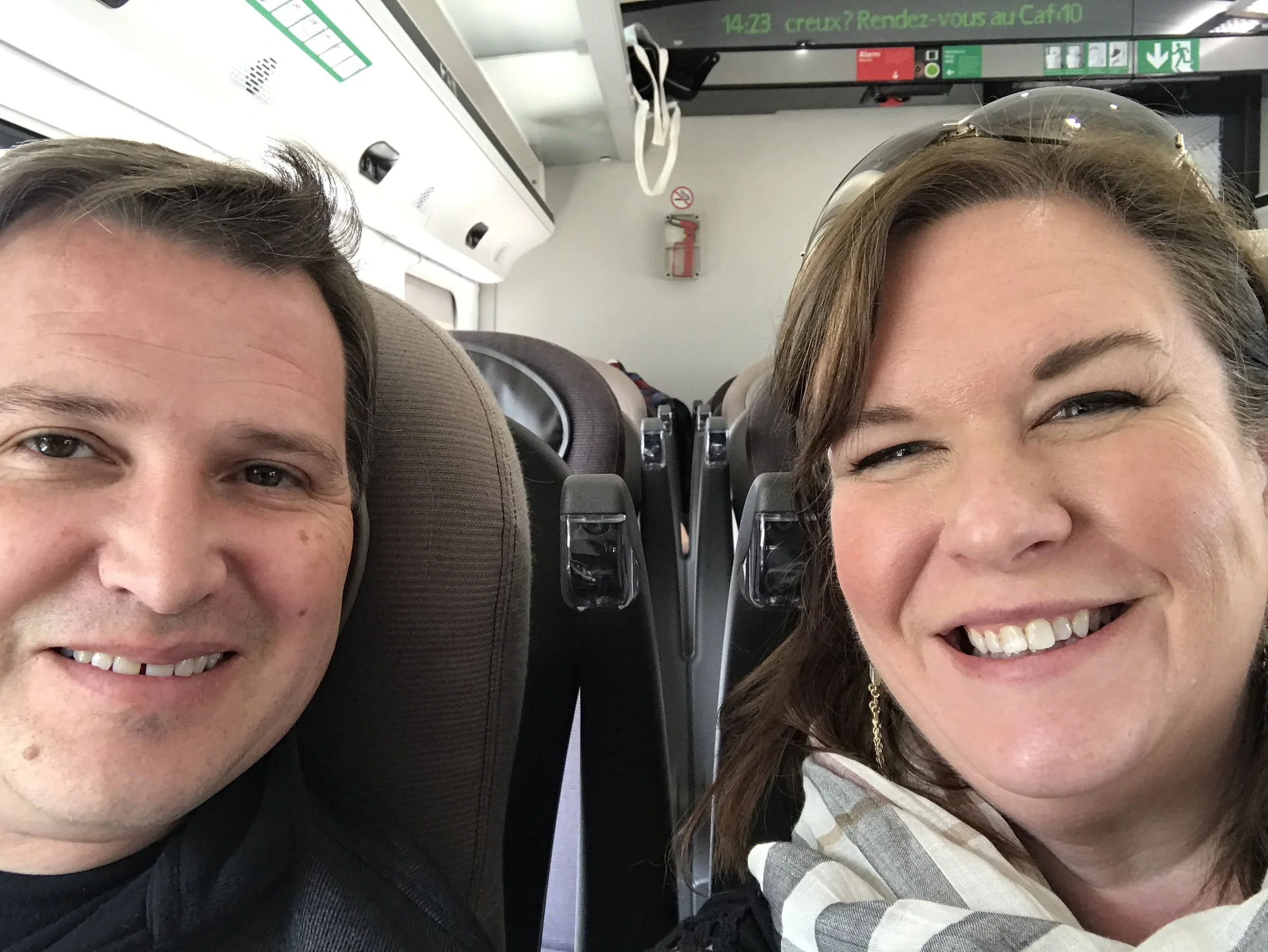 A couple's selfie on the train to Paris.