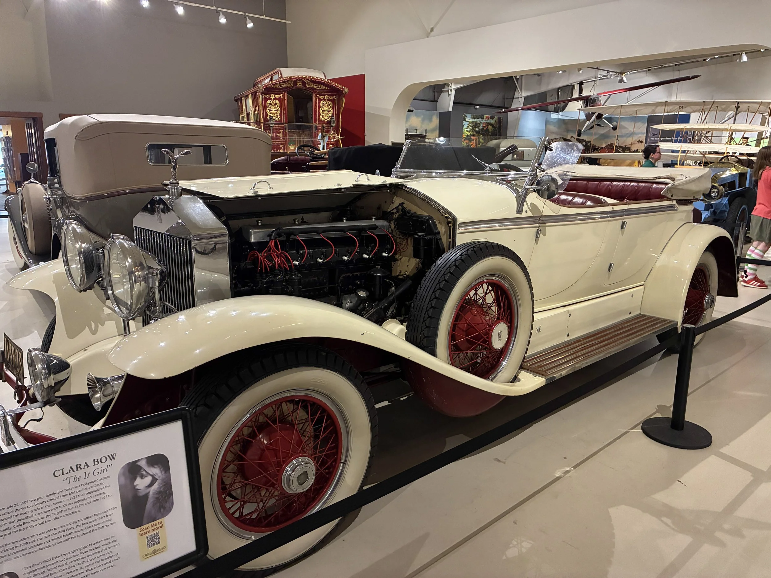 Clara Bow’s 1929 Rolls-Royce on display at a transportation museum.