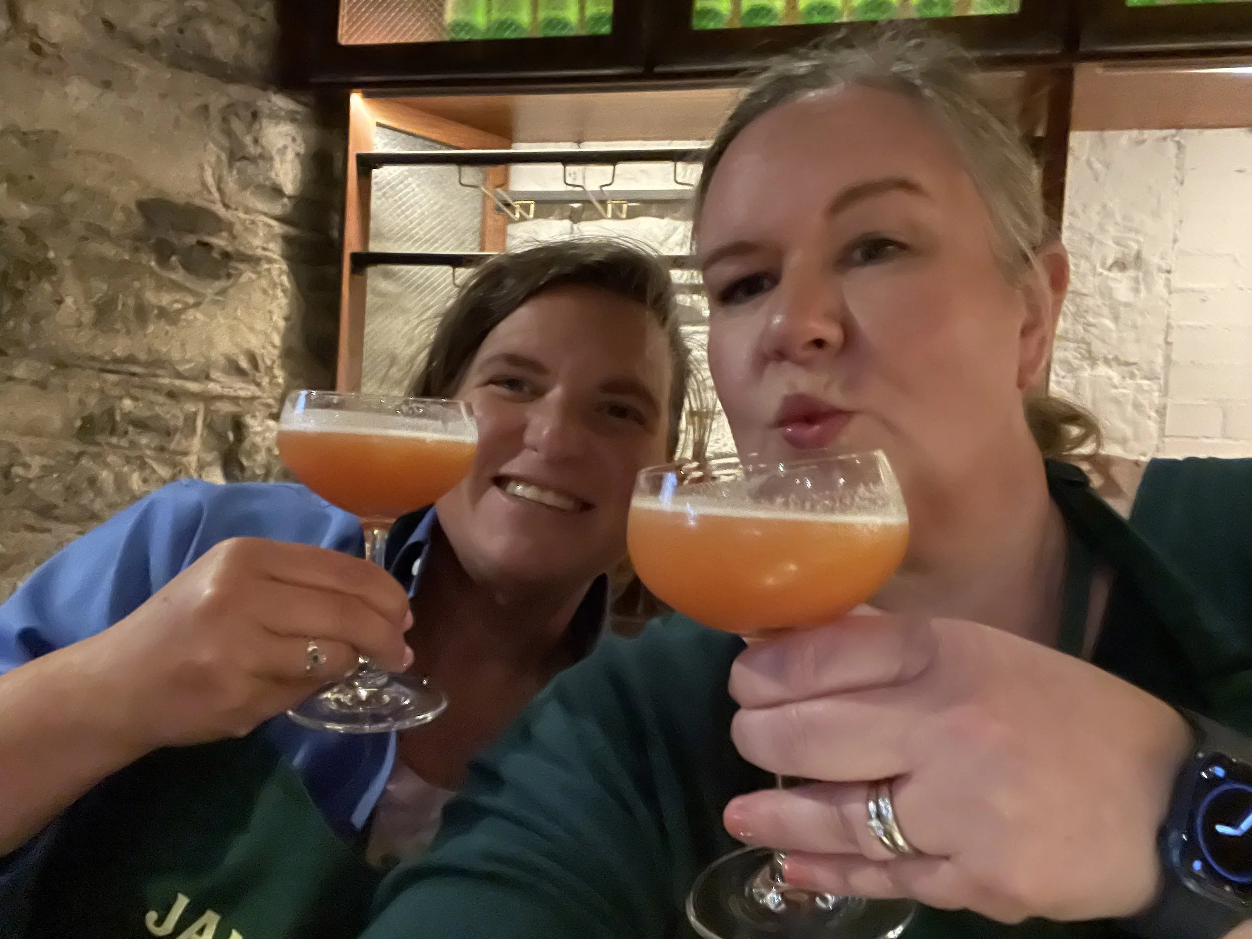 Two women raising cocktails in a cheers pose.