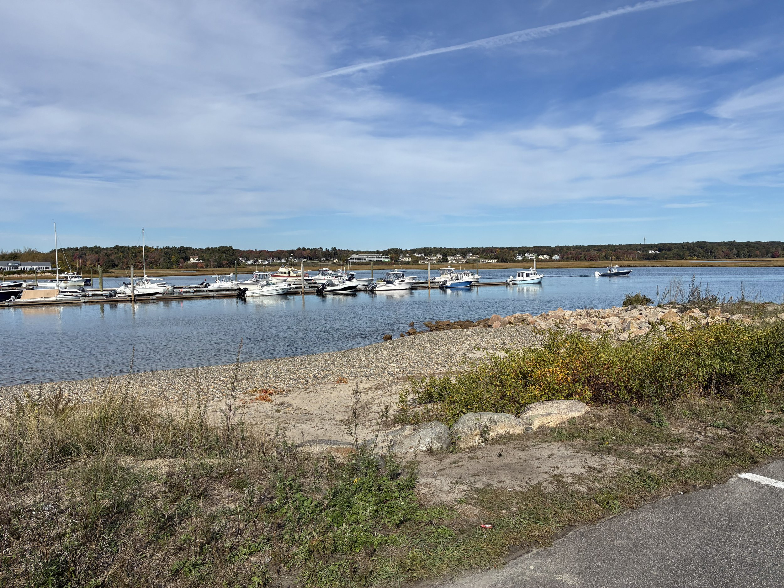 A harbor with moored boats and fall-colored shoreline.